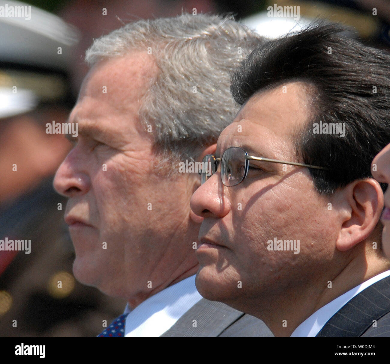 U.S. President George W. Bush and Attorney General Alberto Gonzales (L to R) attend the Annual Peace Officers' Memorial Service on the lawn of the U.S. Capitol in Washington on May 15, 2007.    (UPI Photo/Roger L. Wollenberg) Stock Photo