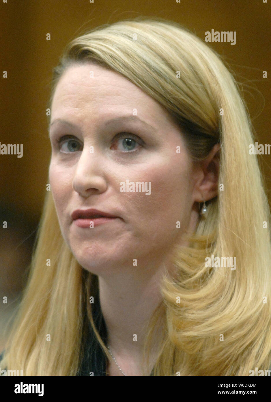 Monica Goodling, former Justice Department White House Liaison, testifies before a House Judiciary Committee hearing on the firings of U.S. Attorneys, on Capitol Hill in Washington on May 23, 2007. (UPI Photo/Kevin Dietsch) Stock Photo