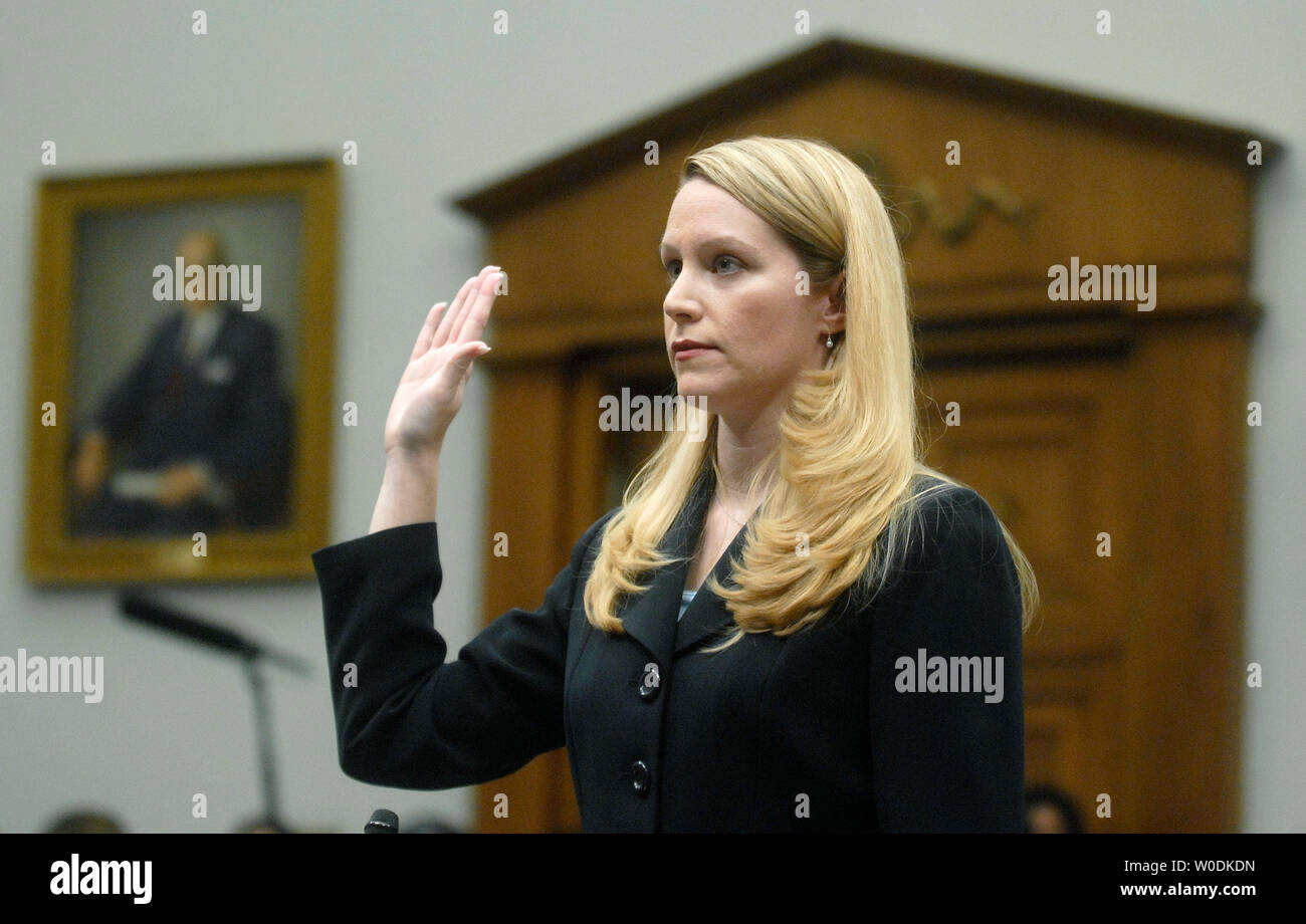 Monica Goodling, former Justice Department White House Liaison, is sworn in prior to testifying before a House Judiciary Committee hearing on the firings of U.S. Attorneys, on Capitol Hill in Washington on May 23, 2007. (UPI Photo/Kevin Dietsch) Stock Photo