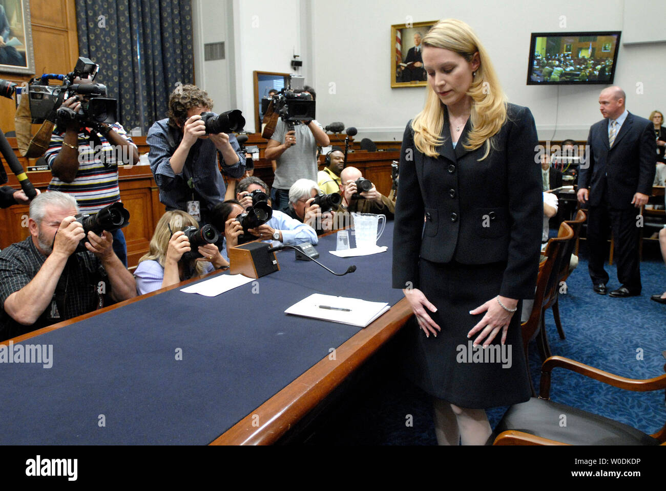 Monica Goodling, former Justice Department White House Liaison, takes her seat prior to testifying before a House Judiciary Committee hearing on the firings of U.S. Attorneys, on Capitol Hill in Washington on May 23, 2007. (UPI Photo/Kevin Dietsch) Stock Photo