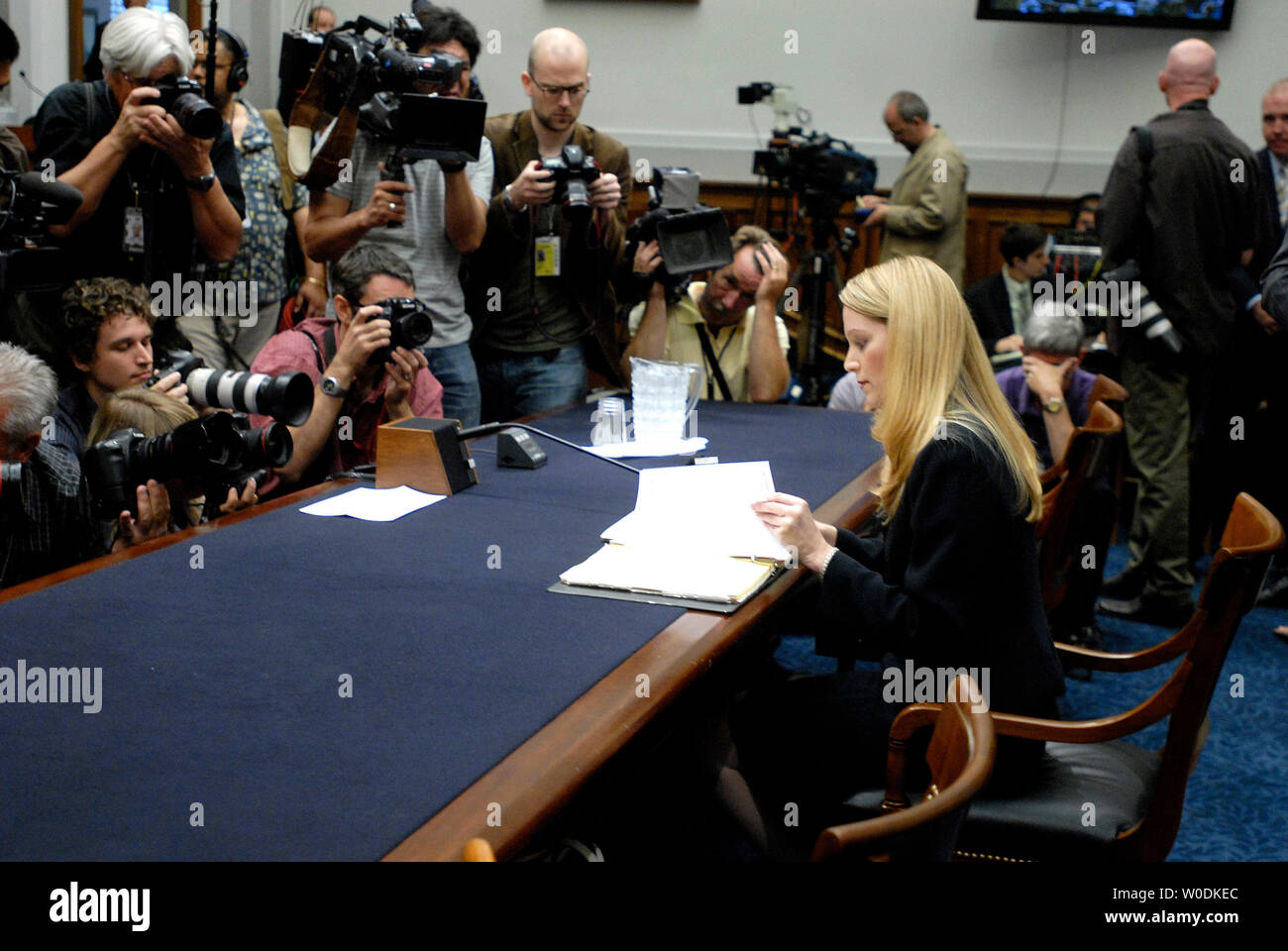 Monica Goodling, former Justice Department White House Liaison, takes her seat prior to testifying before a House Judiciary Committee hearing on the firings of U.S. Attorneys, on Capitol Hill in Washington on May 23, 2007. (UPI Photo/Kevin Dietsch) Stock Photo