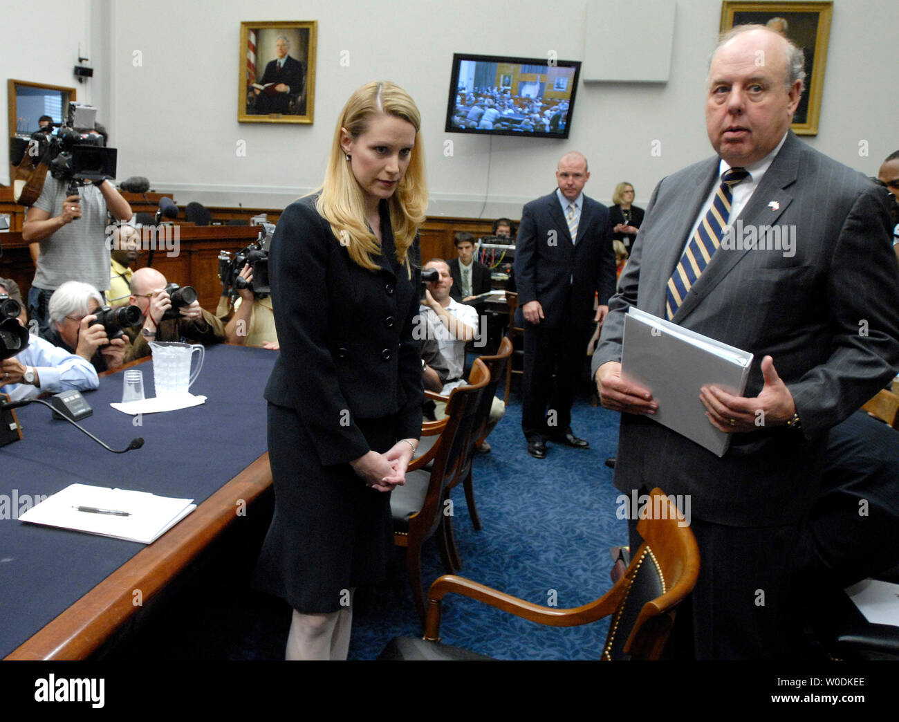 Monica Goodling, former Justice Department White House Liaison, stans with her her attorney John M.Dowd (R) prior to testifying before a House Judiciary Committee hearing on the firings of U.S. Attorneys, on Capitol Hill in Washington on May 23, 2007. (UPI Photo/Kevin Dietsch) Stock Photo