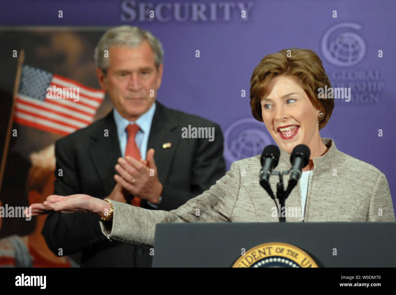 First Lady Laura Bush With U S President George W Bush Listening Speaks To The U S Global Leadership Campaign About The U S International Affairs Budget And International Development Assistance In Washington On May