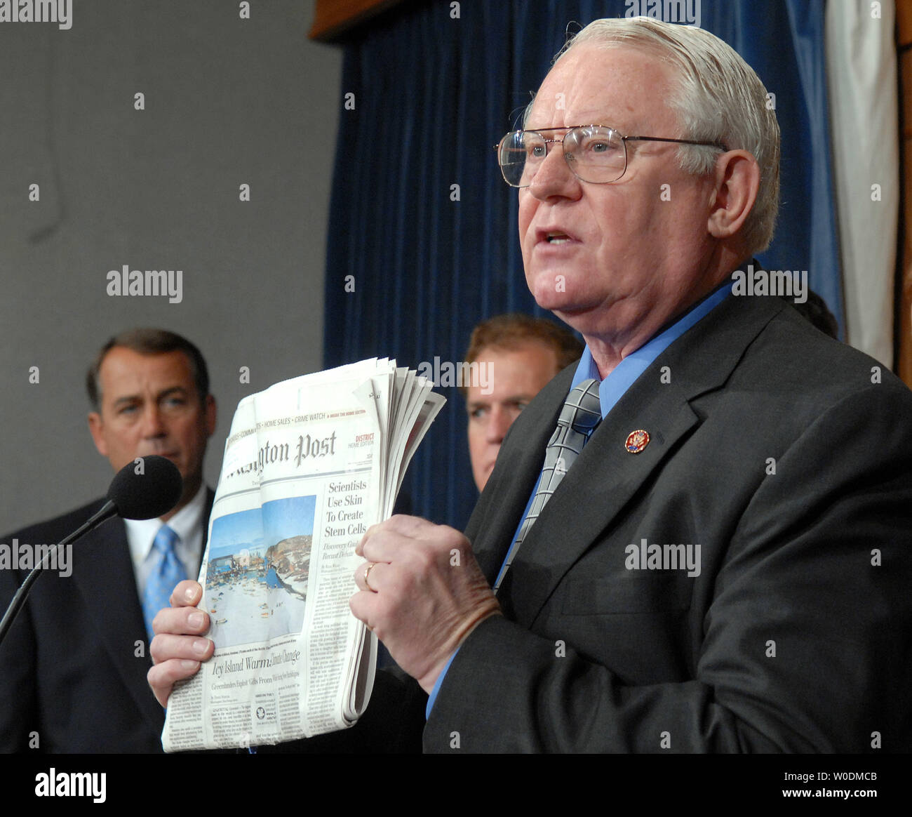 Rep. Joseph Pitts, R-PA, holds a 'Washington Post' newspaper with a headline regarding adult stem cell research during a news conference on Capitol Hill in Washington on June 7, 2007. The Republicans say they have enough votes to sustain a Presidential veto of a bill recently passed by Congress that funds embryonic stem cell research.  (UPI Photo/Roger L. Wollenberg) Stock Photo