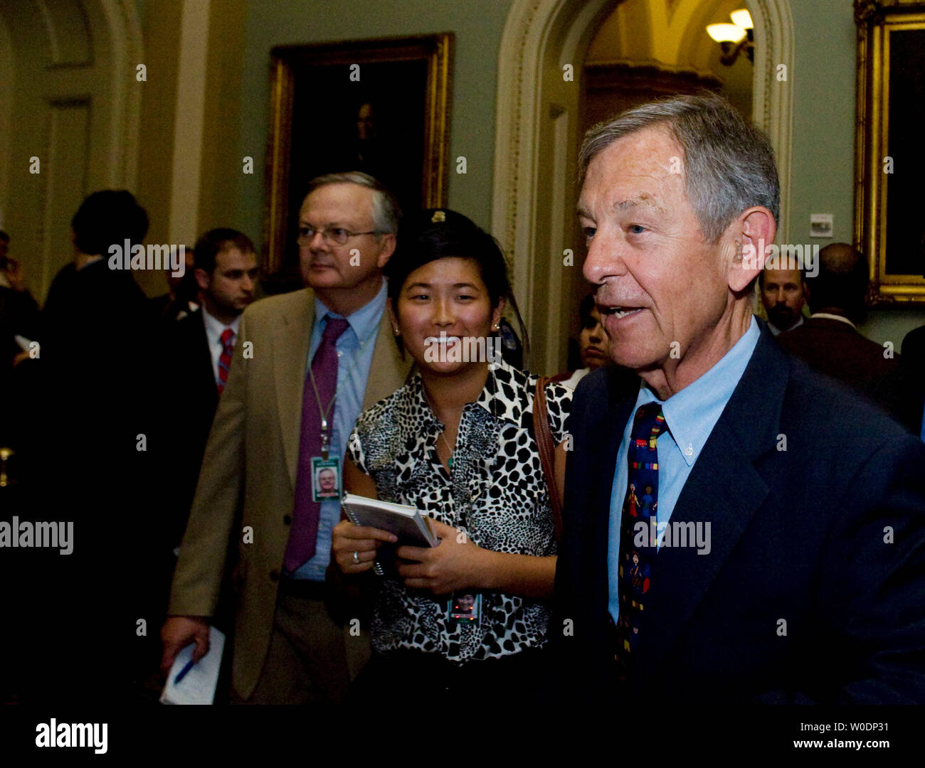 Sen. George Voinovich (R-OH) walks through the East Clock Corridor on Capitol Hill in Washington on June 26, 2007. Voinovich voted for cloture on the Immigration Bill. The Senate passed the cloture vote for the Immigration Bill 64-35. (UPI Photo/Dominic Bracco II) Stock Photo