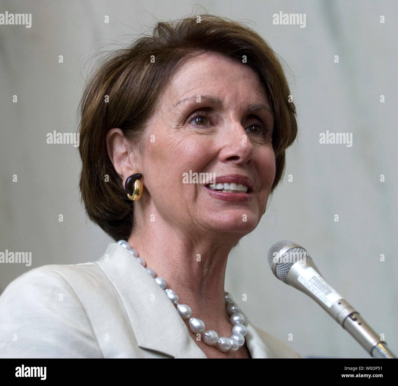 Speaker of the House Nancy Pelosi (D-CA) speaks at the 'Capitol PurSuit' event on Capitol Hill in Washington on June 27, 2007. Lobbyists and members of Congress donated suits and dress clothes to families in need.(UPI Photo/Dominic Bracco II) Stock Photo