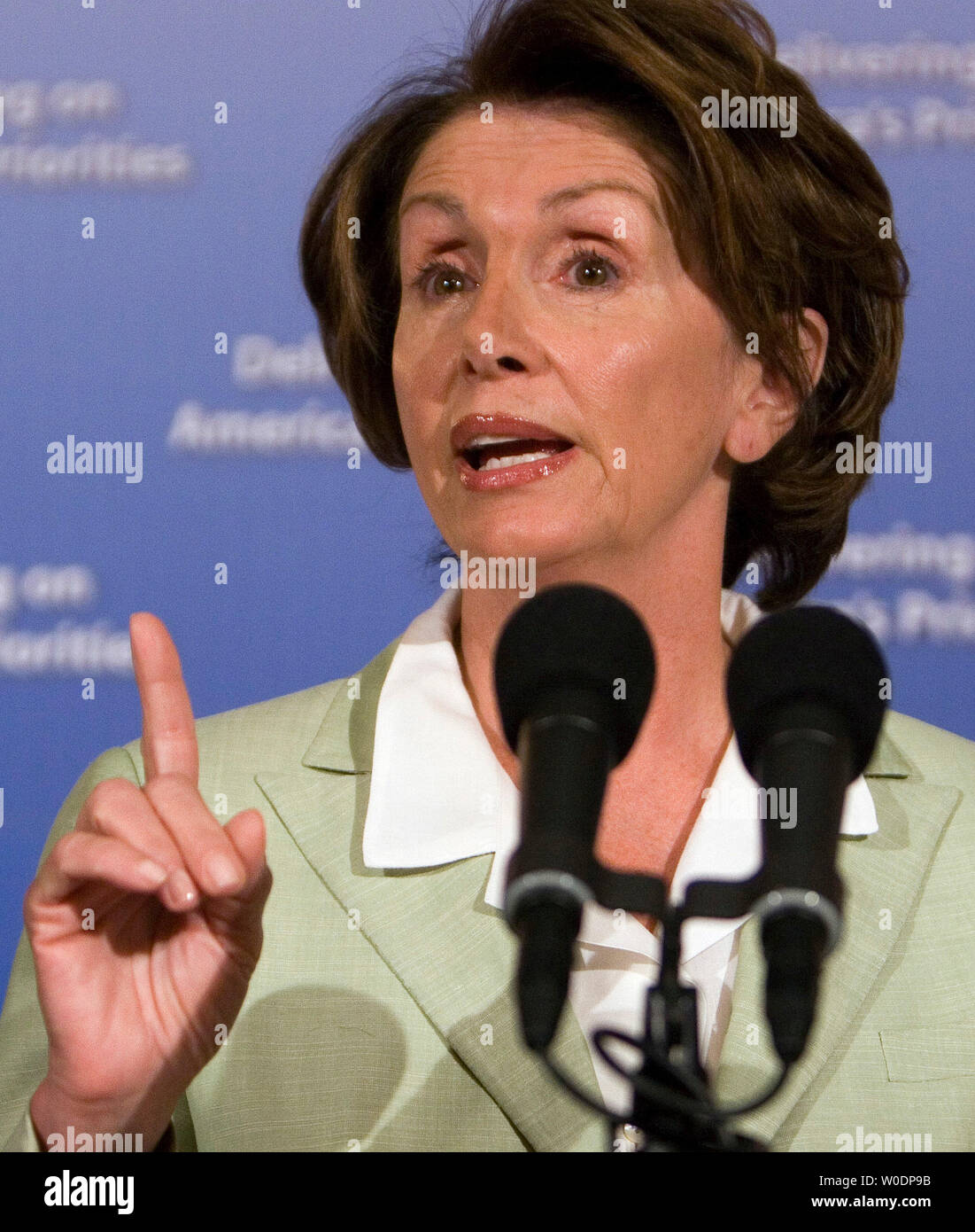 Speaker of the House Nancy Pelosi (D-CA) discusses the legislative accomplishments of and obstacles to the new Democratic Congress over the past six months on Capitol Hill in Washington on June 29, 2007.     (UPI Photo/David Brody) Stock Photo