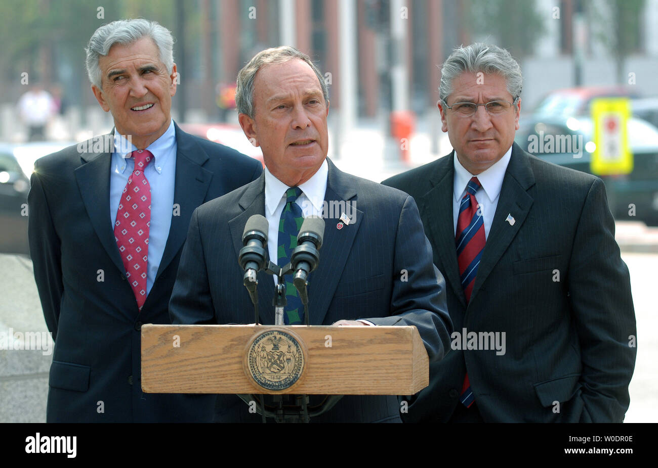 Republican New York State Senate Majority Leader Joseph L. Bruno, New York City Mayor Michael Bloomberg and Democratic New York State Assembly Minority Leader James Tedisco (L to R) discuss their meeting with U.S. Department of Transportation in Washington on July 10, 2007. Bloomberg is pushing for federal money to create toll zones for congested areas of New York City.    (UPI Photo/Roger L. Wollenberg) Stock Photo