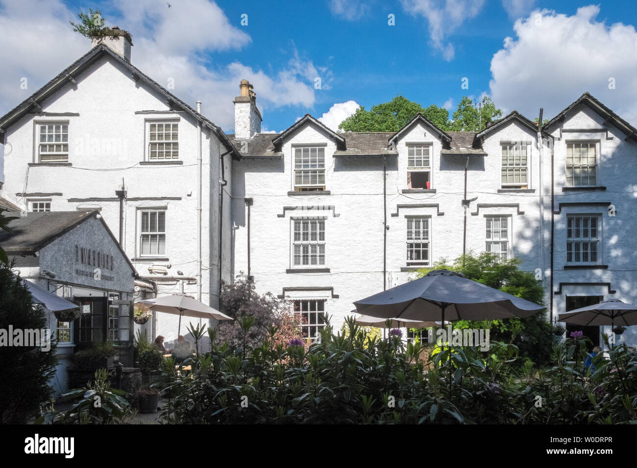 Beer,garden,pub,village,town,of,Grasmere,a, popular,tourist,destination,The Lake District National Park,The Lakes,Lake District,Cumbria,England,GB,UK, Stock Photo