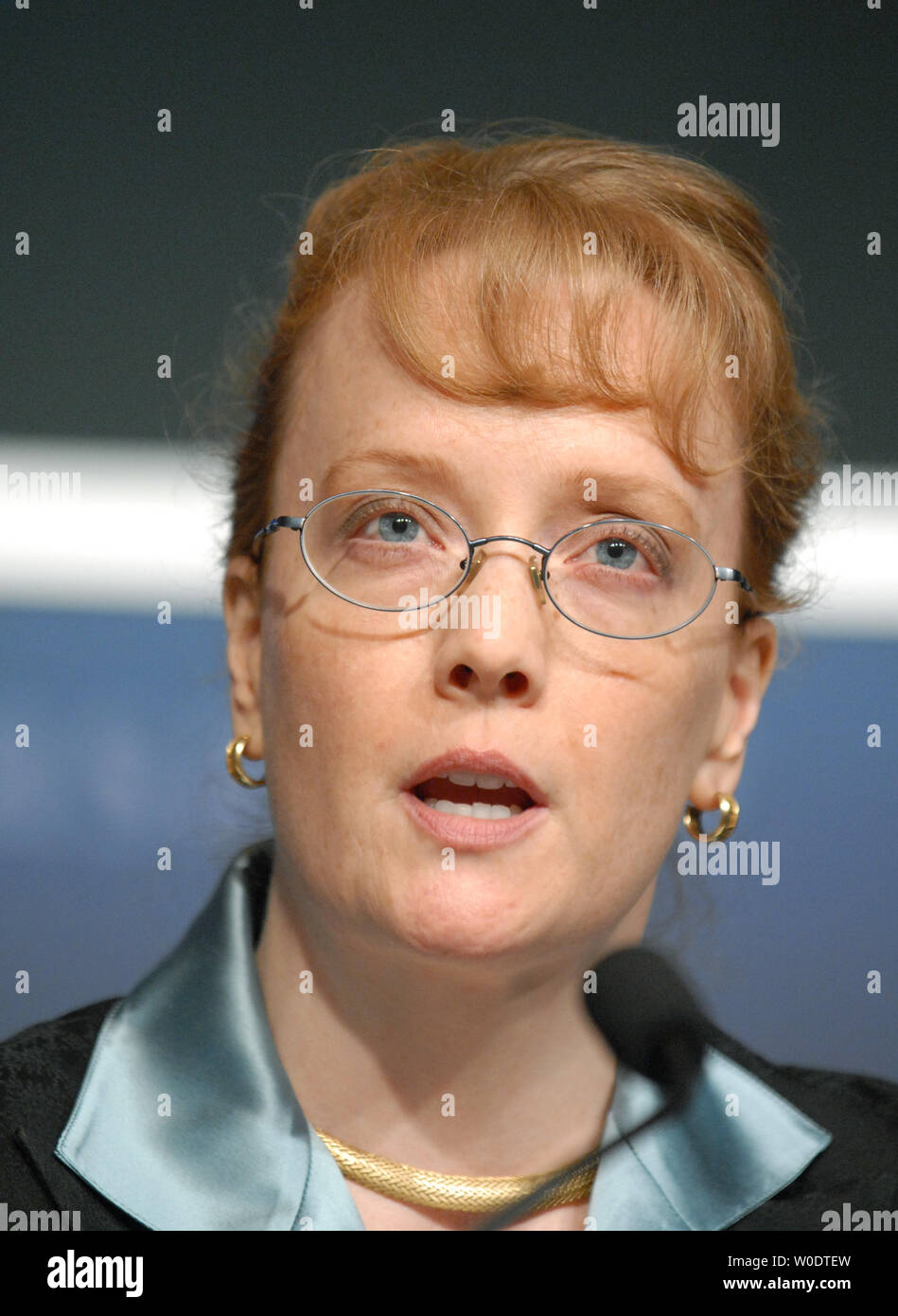 Deputy NASA Administrator Shana Dale speaks at a press conference after a report released said NASA allowed astronauts to fly drunk on at least two known occasions, in Washington on July 27, 2007. (UPI Photo/Alexis C. Glenn) Stock Photo
