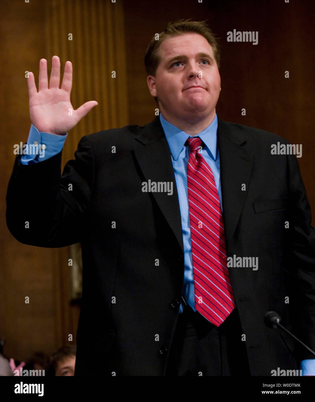 White House Deputy Political Director Scott Jennings is sworn in prior to testifying about the firings of U.S. attorneys before the Senate Judiciary Committee on Capitol Hill in Washington on August 2, 2007.      (UPI Photo/David Brody) Stock Photo