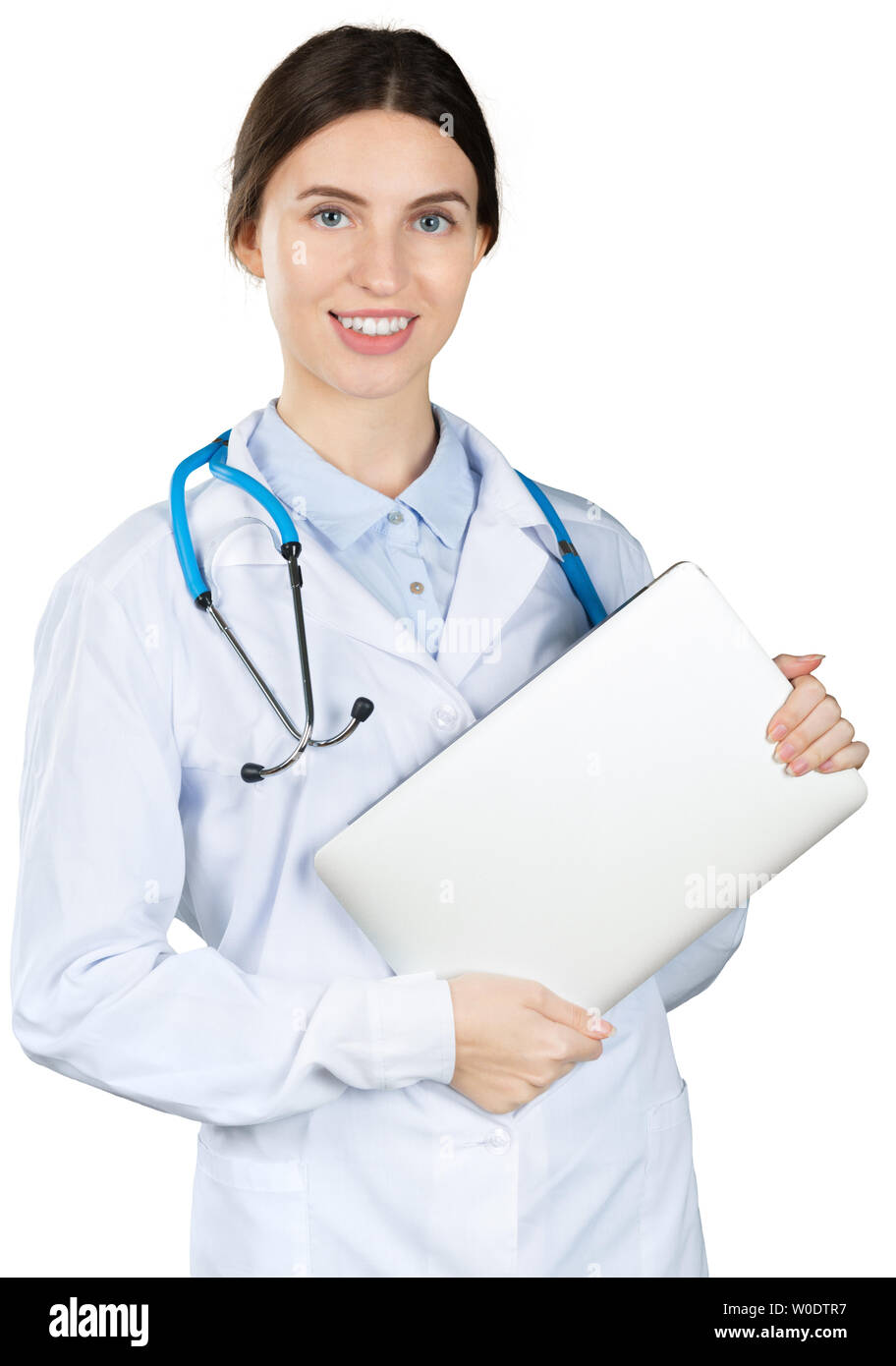 Female Doctor Holding Laptop. Isolated On White Stock Photo