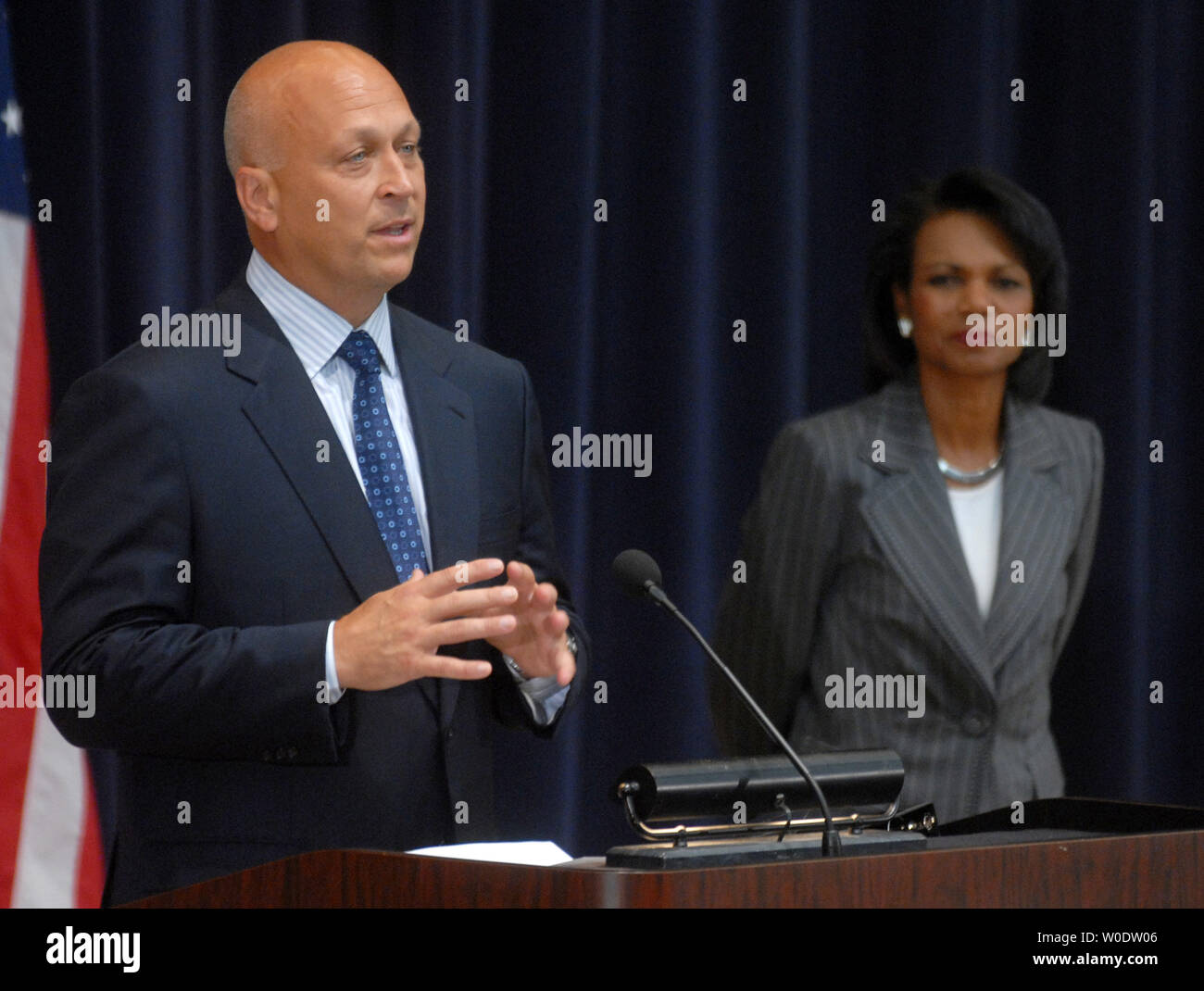 Baseball Hall of Famer Cal Ripken Jr. speaks alongside Secretary of State Condoleezza Rice after Ripken was announced as a special sports envoy to the State Department during a ceremony at the State Department in Washington on August 13, 2007. (UPI Photo/Kevin Dietsch) Stock Photo