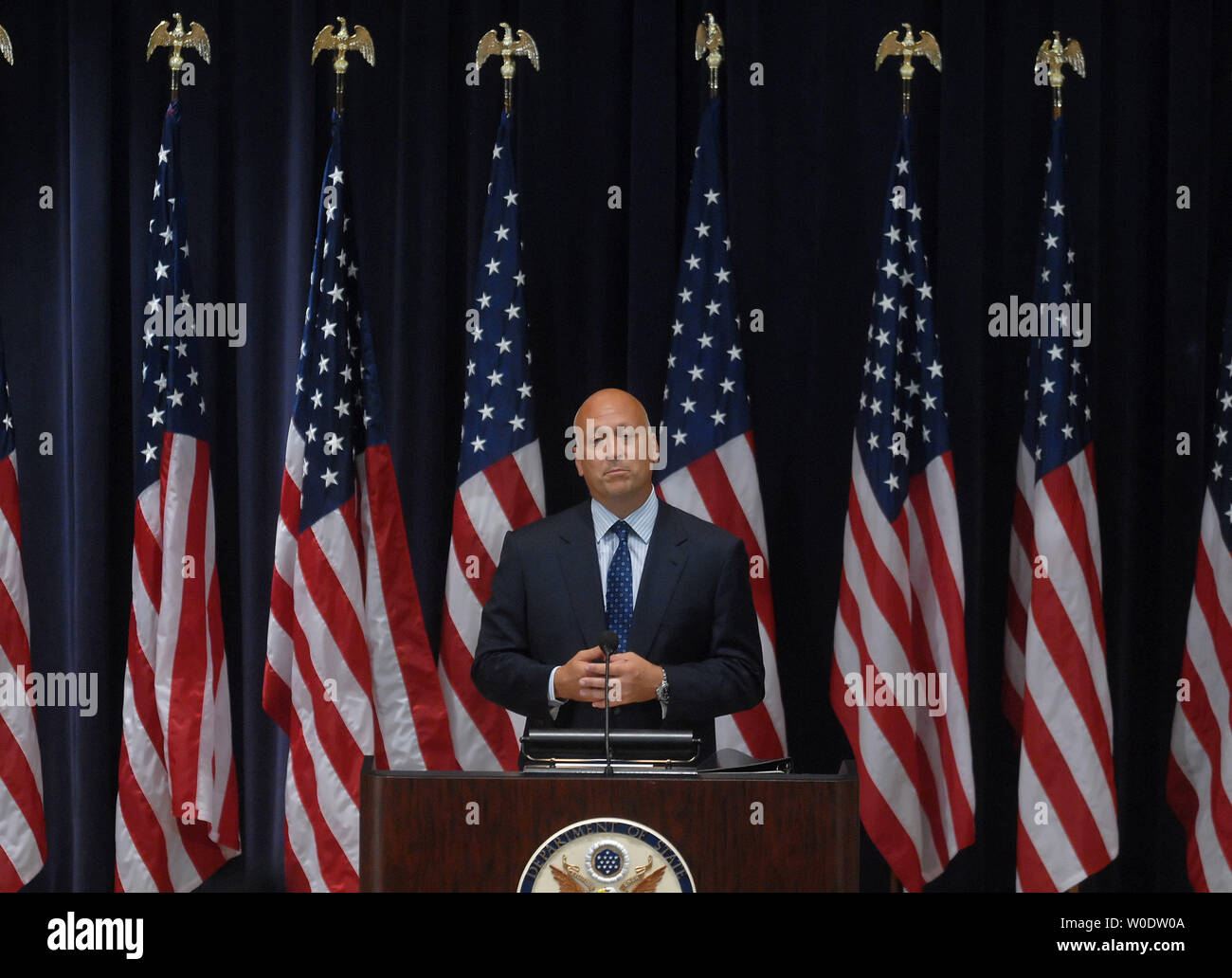 Baseball Hall of Famer Cal Ripken Jr. speaks to the media after being announced as a special sports envoy to the State Department during a ceremony at the State Department in Washington on August 13, 2007. (UPI Photo/Kevin Dietsch) Stock Photo