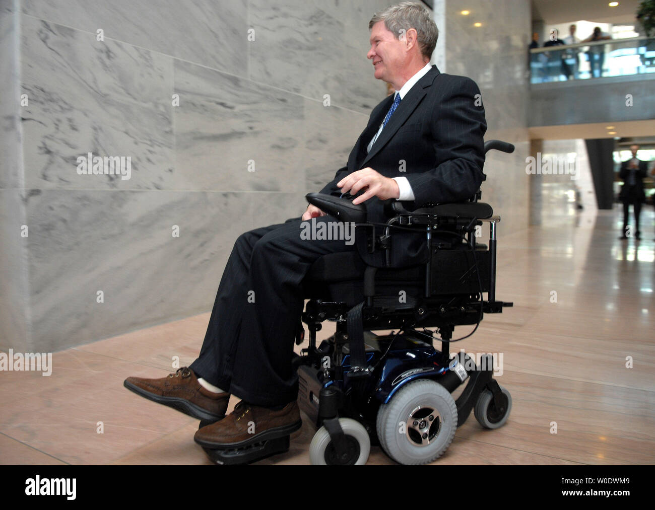 Sen. Tim Johnson (D-SD) makes his way to his office on Capitol Hill in Washington on September 5, 2007. The Senator has been out of office since suffering a brain hemorrhage at the end of last year. (UPI Photo/Kevin Dietsch) Stock Photo