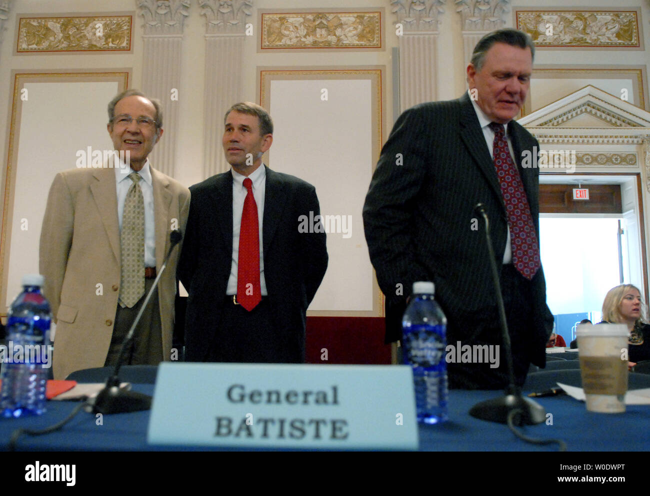 Retired Army Major John Batise (C), former U.S. Secretary of Defense William J. Perry (L) and Retired Army Gen. John Keane (L) prepare to testify before a House Armed Services and Foreign Affairs joint Committee hearing entitled 'Whats Next for Iraq' in Washington on September 6, 2007. (UPI Photo/Kevin Dietsch) Stock Photo