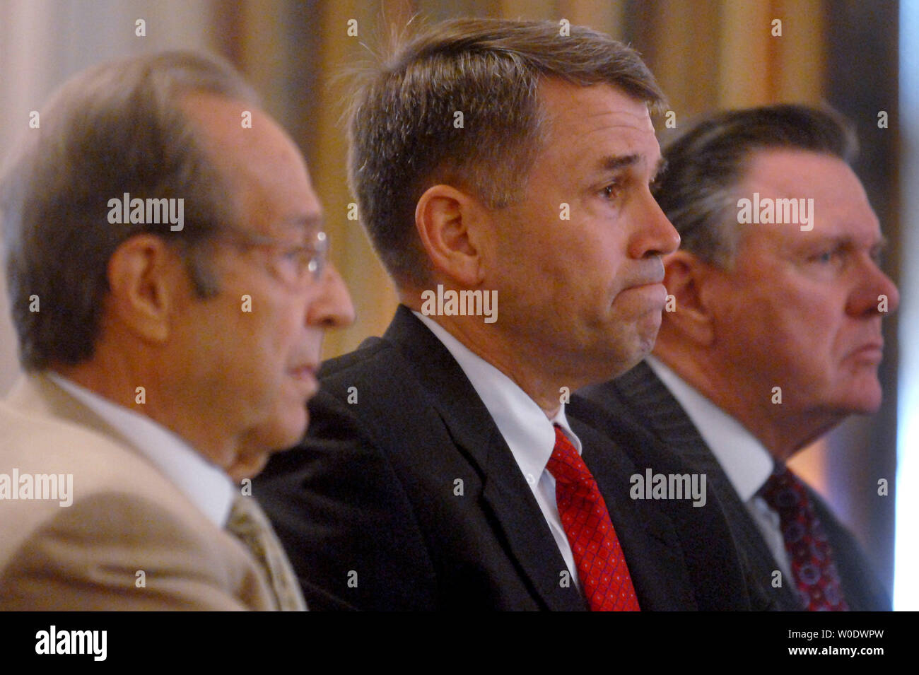 Retired Army Major John Batise (C), former U.S. Secretary of Defense William J. Perry (L) and Retired Army Gen. John Keane (L) testify before a House Armed Services and Foreign Affairs joint Committee hearing entitled 'Whats Next for Iraq' in Washington on September 6, 2007. (UPI Photo/Kevin Dietsch) Stock Photo