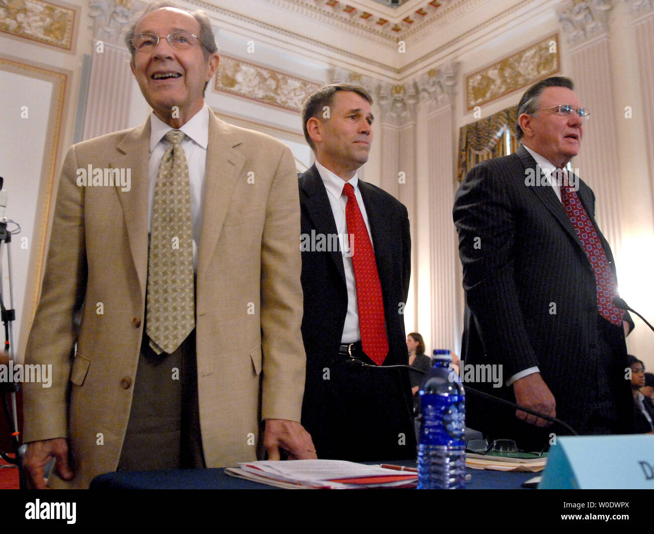 Retired Army Major John Batise (C), former U.S. Secretary of Defense William J. Perry (L) and Retired Army Gen. John Keane (L) prepare to testify before a House Armed Services and Foreign Affairs joint Committee hearing entitled 'Whats Next for Iraq' in Washington on September 6, 2007. (UPI Photo/Kevin Dietsch) Stock Photo