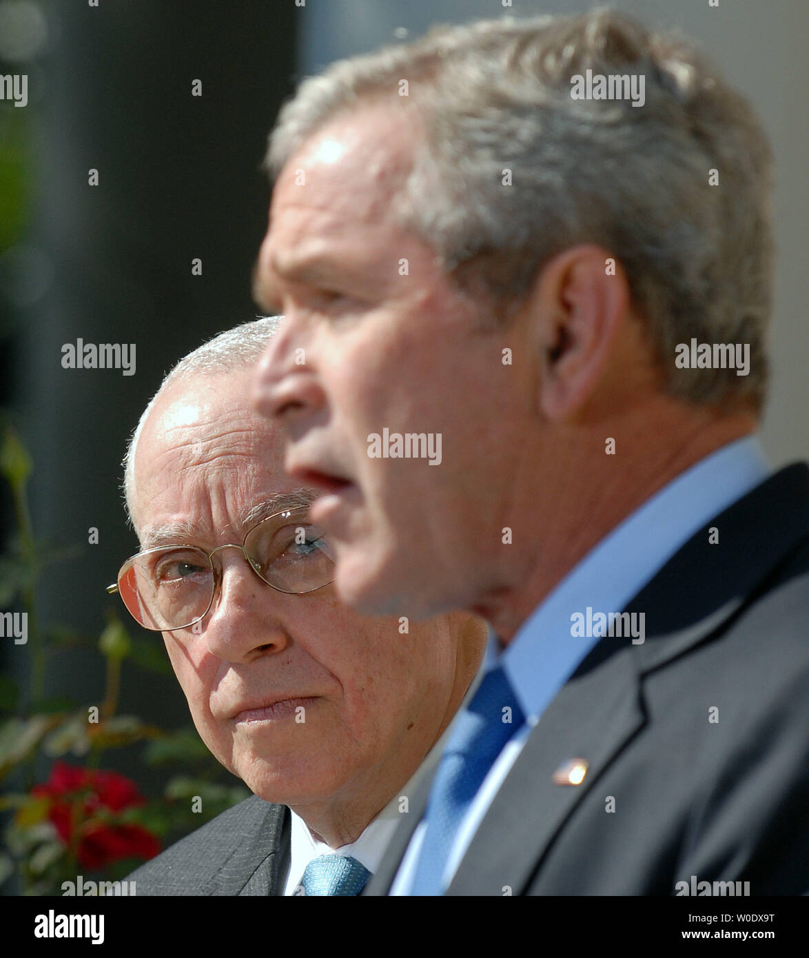 U.S. President George W. Bush (R) announces Michael B. Mukasey, a retired federal judge from New York, to replace Alberto Gonzales as attorney general in the Rose Garden of the White House on September 17, 2007.   (UPI Photo/Roger L. Wollenberg) Stock Photo