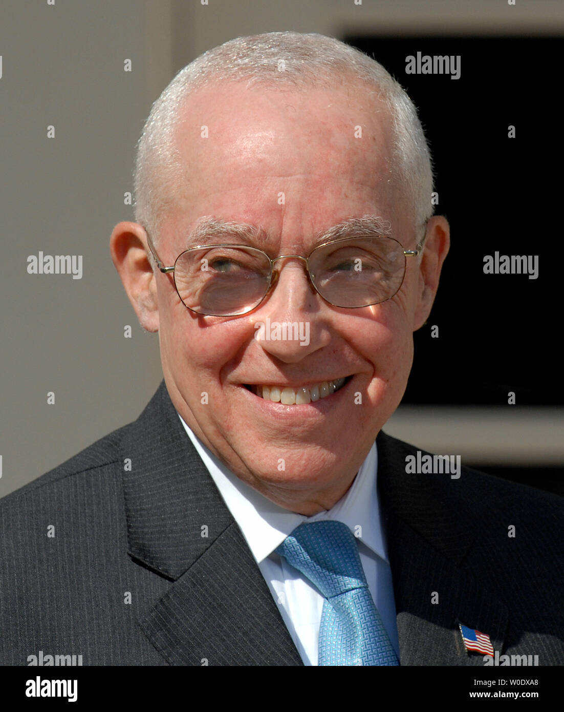 Michael B. Mukasey, a retired federal judge from New York, smiles as U.S. President George W. Bush announces his nomination of Mukasey to replace Alberto Gonzales as attorney general in the Rose Garden of the White House on September 17, 2007.   (UPI Photo/Roger L. Wollenberg) Stock Photo
