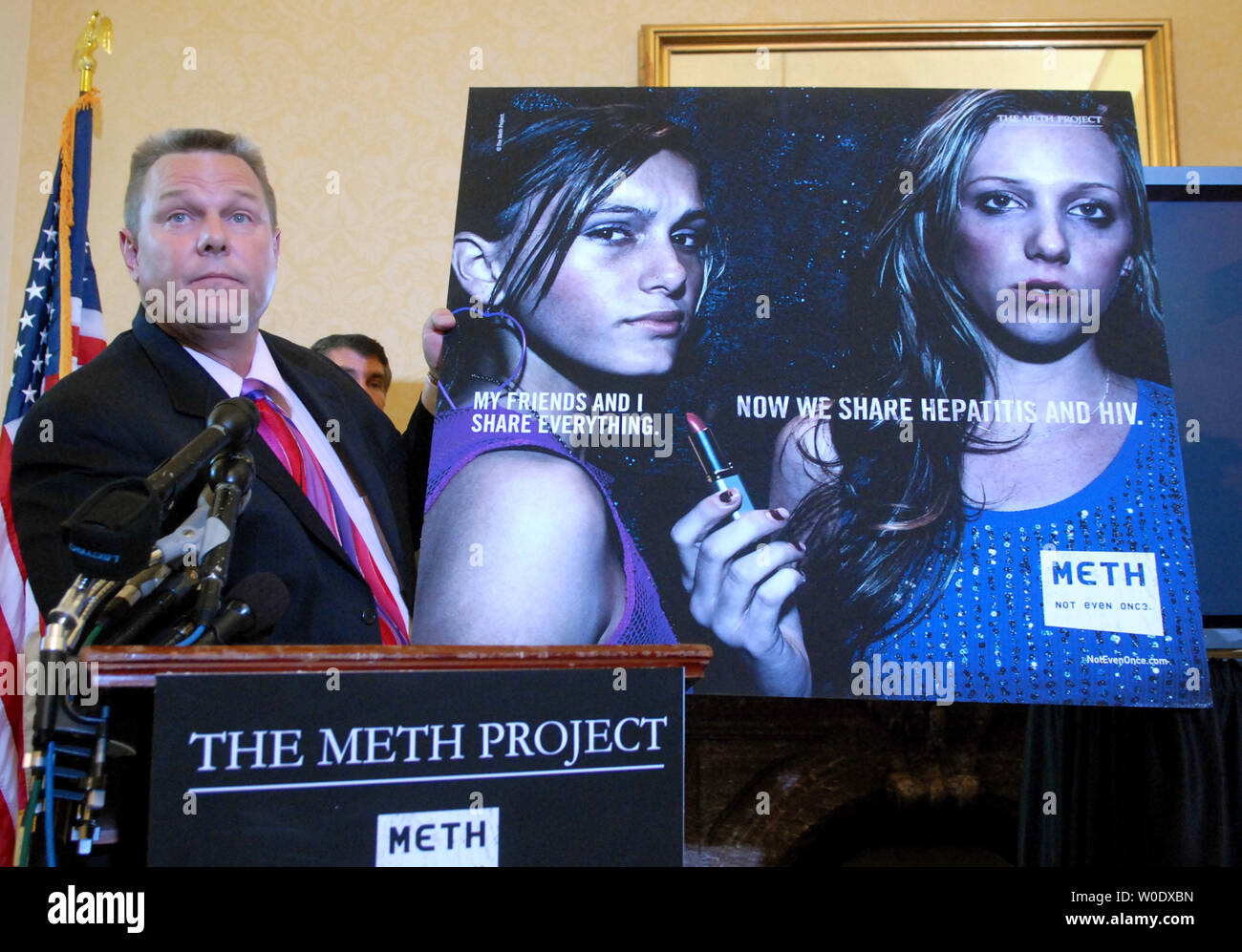 Sen. Jon Tester (D-MT) holds up an example of a public service announcement introduced in Montana by The Meth Project aimed at curbing methamphetamine use at a news conference to discuss the findings of the first national survey on methamphetamine use and attitudes in Washington on September 18, 2007. The Meth Project is a large-scale prevention program aimed at reducing first-time methamphetamine use through public outreach, public service messaging and community outreach. (UPI Photo/Kevin Dietsch) Stock Photo