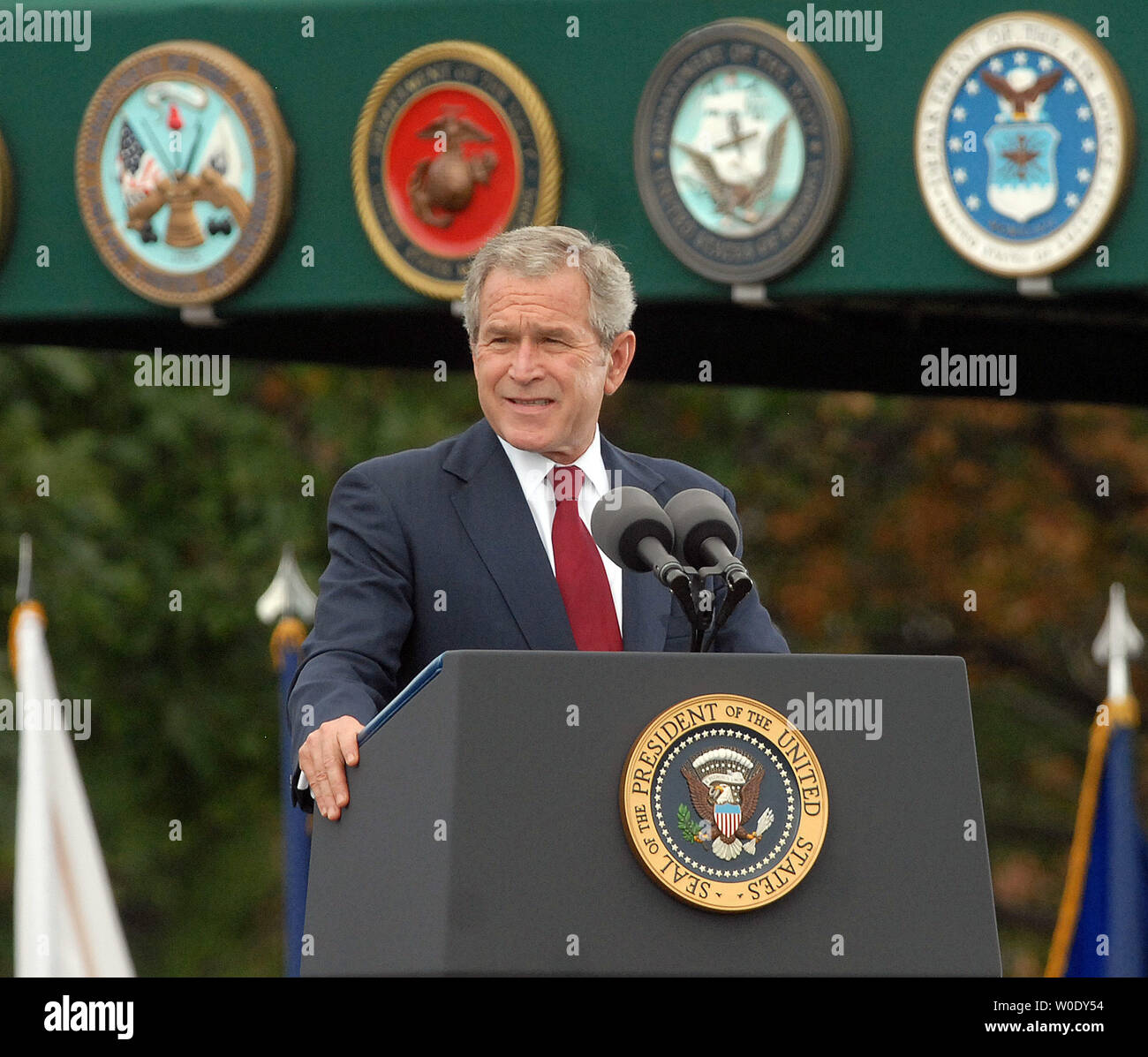 U.S. President George W. Bush speaks during a ceremony for retiring ...