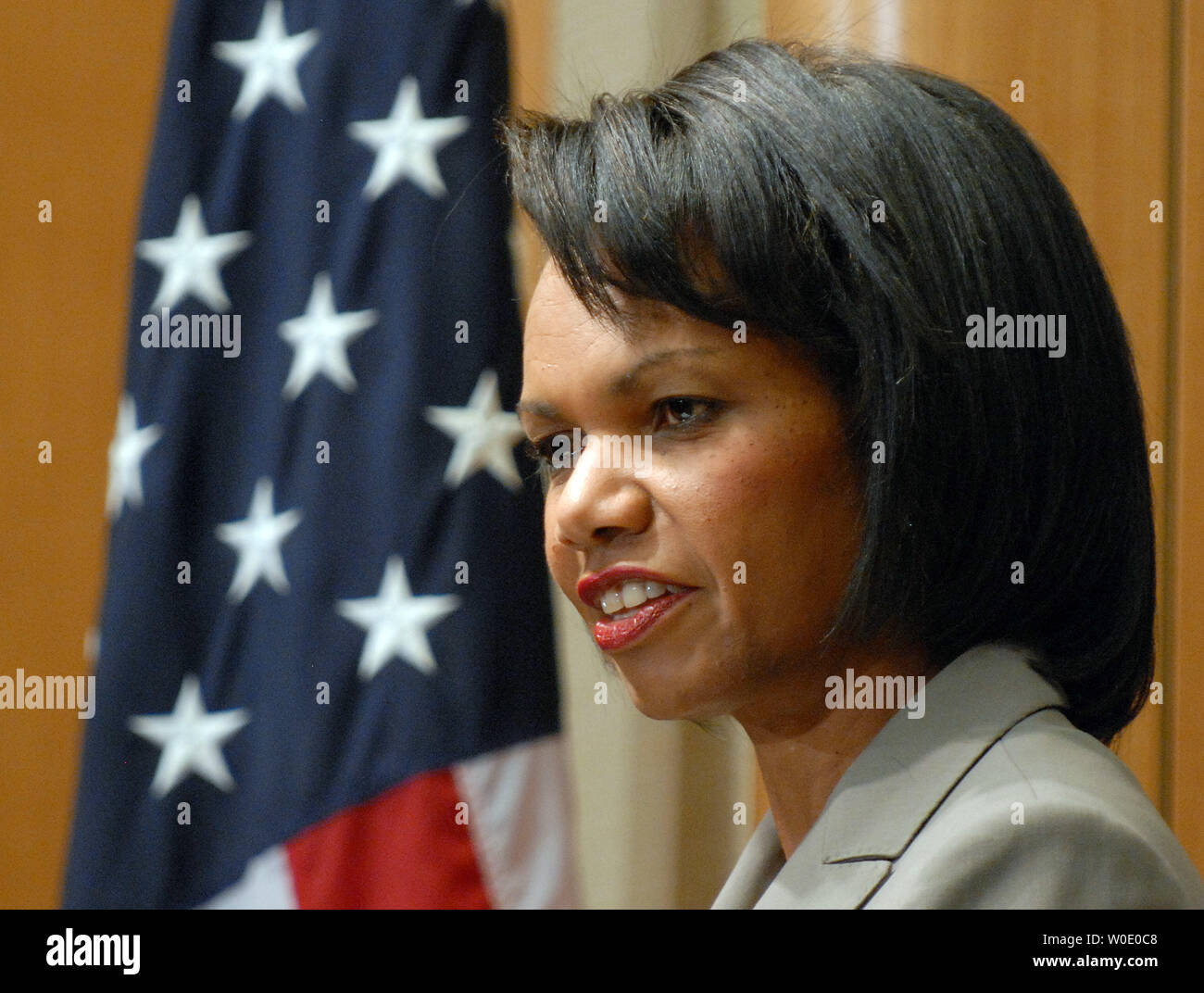 Secretary of State Condoleezza Rice participates in a conference titled  'US-Soviet Relations in the Era of Detente, 1969-1976,' at the State Department in Washington on October 22, 2007.  (UPI Photo/Roger L. Wollenberg) Stock Photo