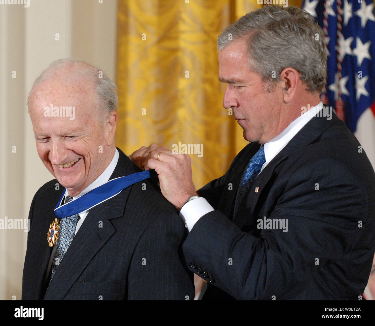 U.S. President George W. Bush awards the Presidential Medal of Freedom to Gary  Becker, economist and 1992 Nobel Prize winner, in the East Room of the  White House in Washington on November