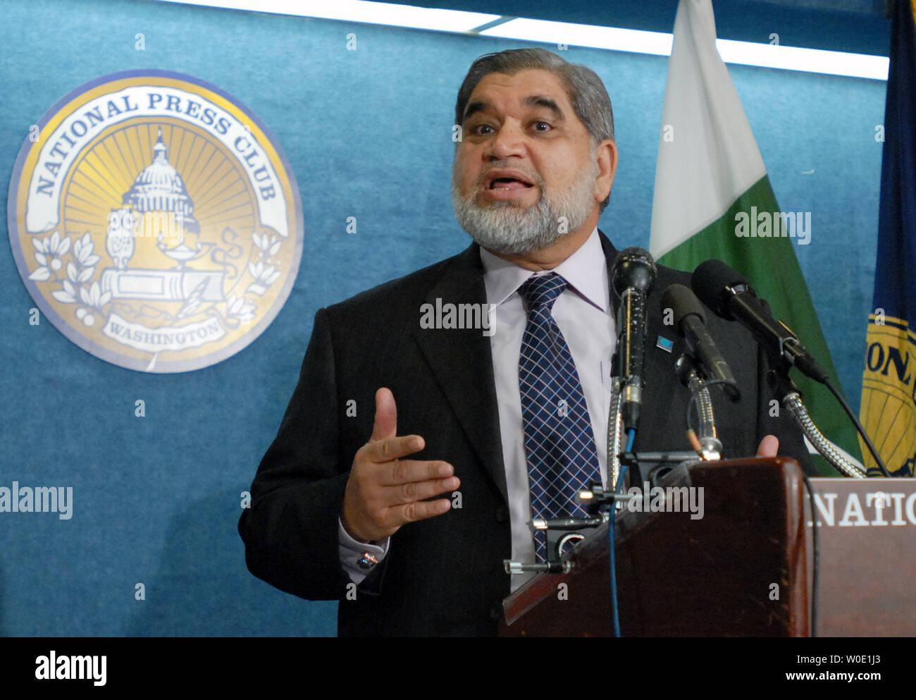 **CAPTION CLARIFICATION** Pakistan's former President of the Supreme Court Bar Association Sheikh Akram speaks at a news conference at the National Press Club in Washington on November 14, 2007. Akram condemned Pakistan's President Pervez Musharraf for suspending the country's constitution and called on the American government to withdraw support Musharraf.   (UPI Photo/Alexis C. Glenn) Stock Photo