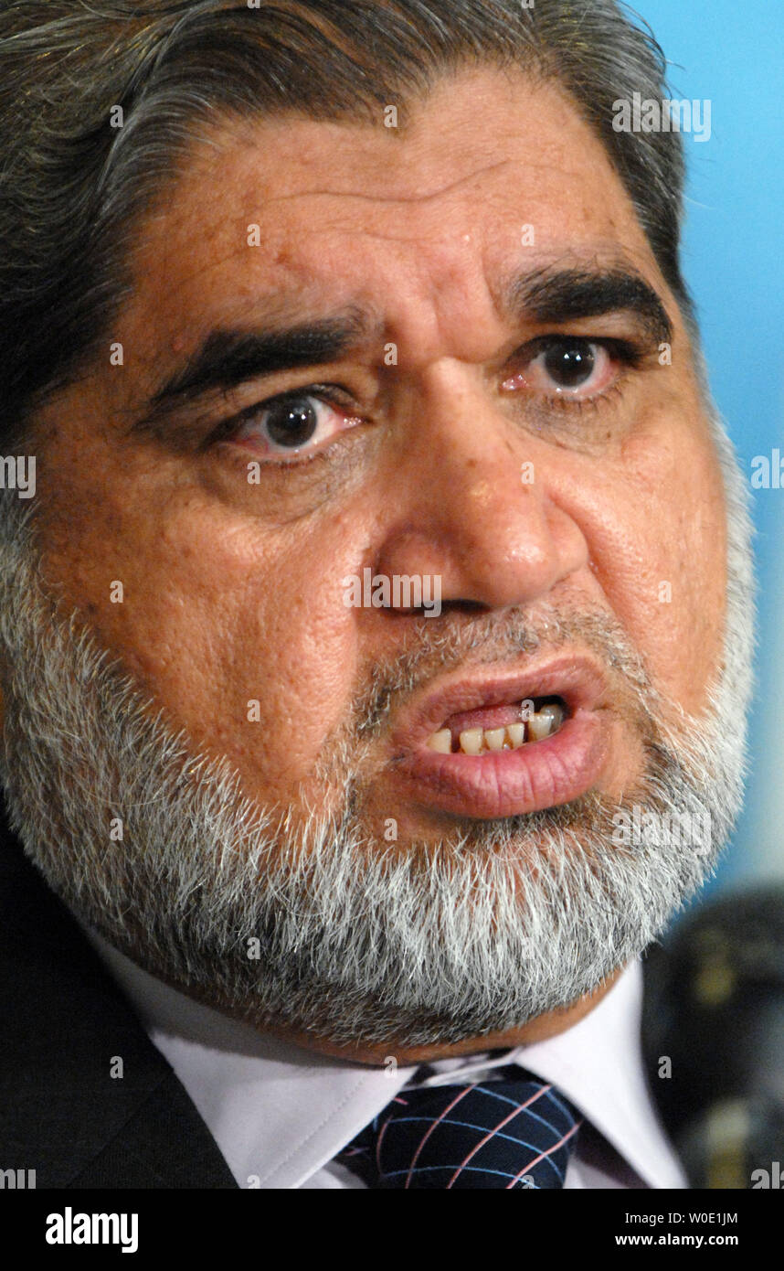 **CAPTION CLARIFICATION** Pakistan's former President of the Supreme Court Bar Association Sheikh Akram speaks at a news conference at the National Press Club in Washington on November 14, 2007. Akram condemned Pakistan's President Pervez Musharraf for suspending the country's constitution and called on the American government to withdraw support Musharraf.   (UPI Photo/Alexis C. Glenn) Stock Photo