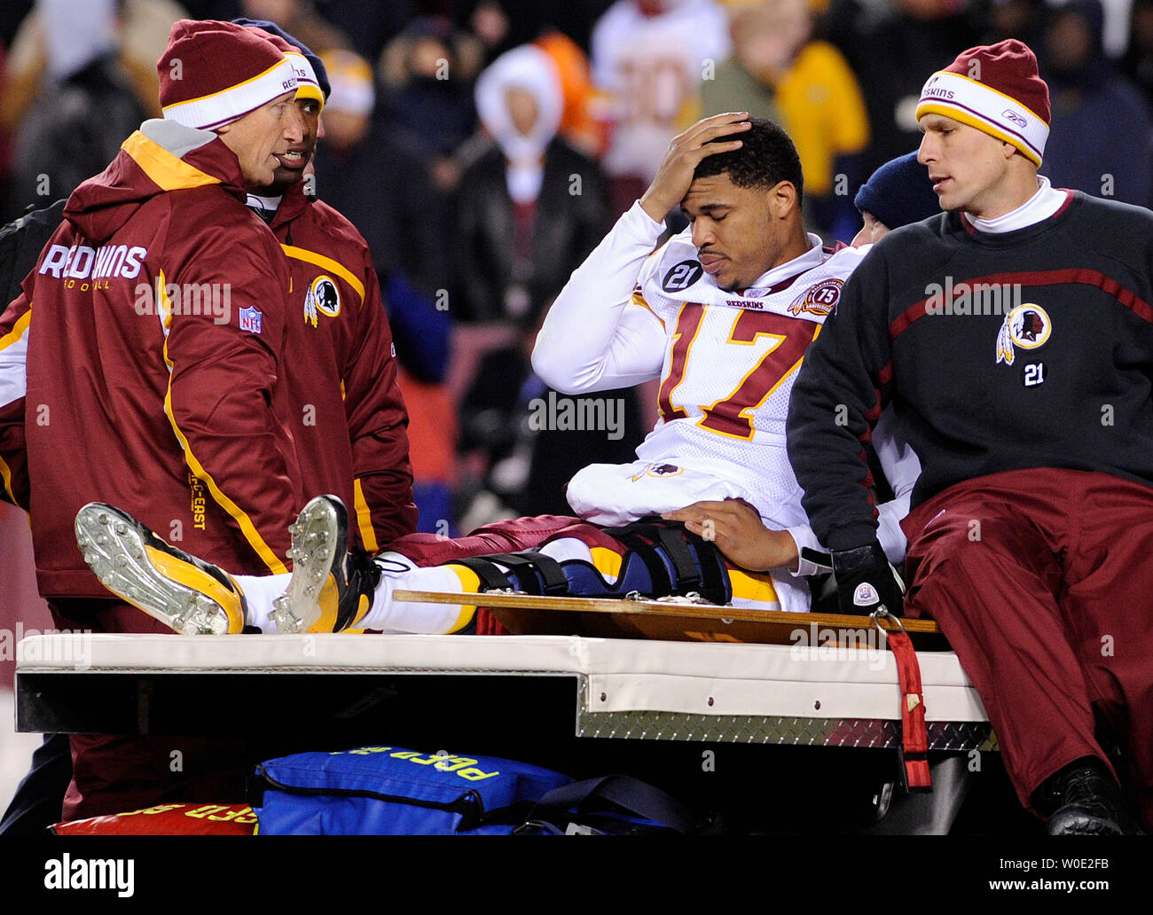 Washington Redskins quarterback Jason Campbell is carted from the field after dislocating his left patella tendon in the second quarter against the Chicago Bears at FedEx Field in Landover, Maryland, on December 6, 2007.   (UPI Photo/Roger L. Wollenberg) Stock Photo