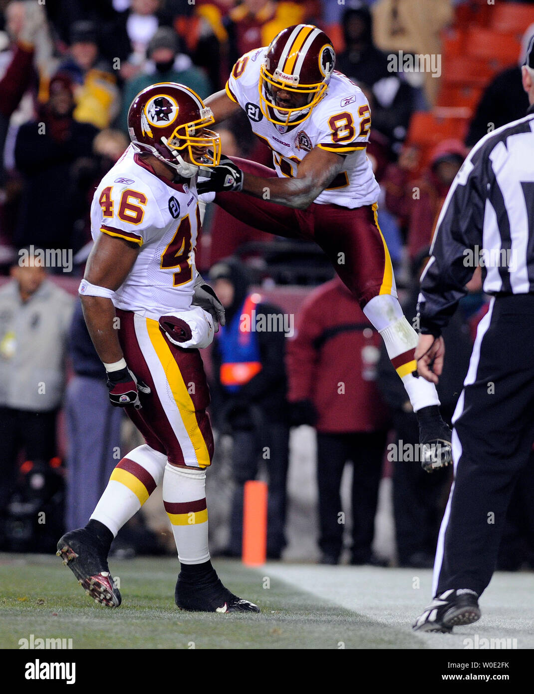 Washington Redskins running back Ladell Betts (46) celebrates a 16 yard  touchdown reception with Wide Receiver Antwaan Randel El against the  Chicago Bears with less than 3 minutes to go in the