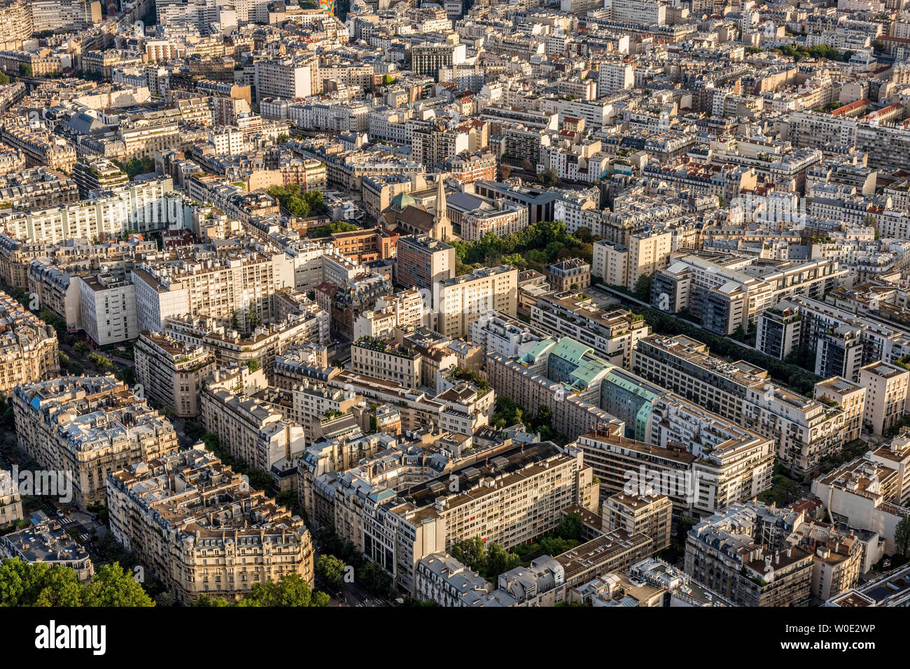 France, 15th arrondissement of Paris, view from the Eiffel Tower (eglise Saint Leon, green-roof Jeanne Manuel-Dupleix school) Stock Photo