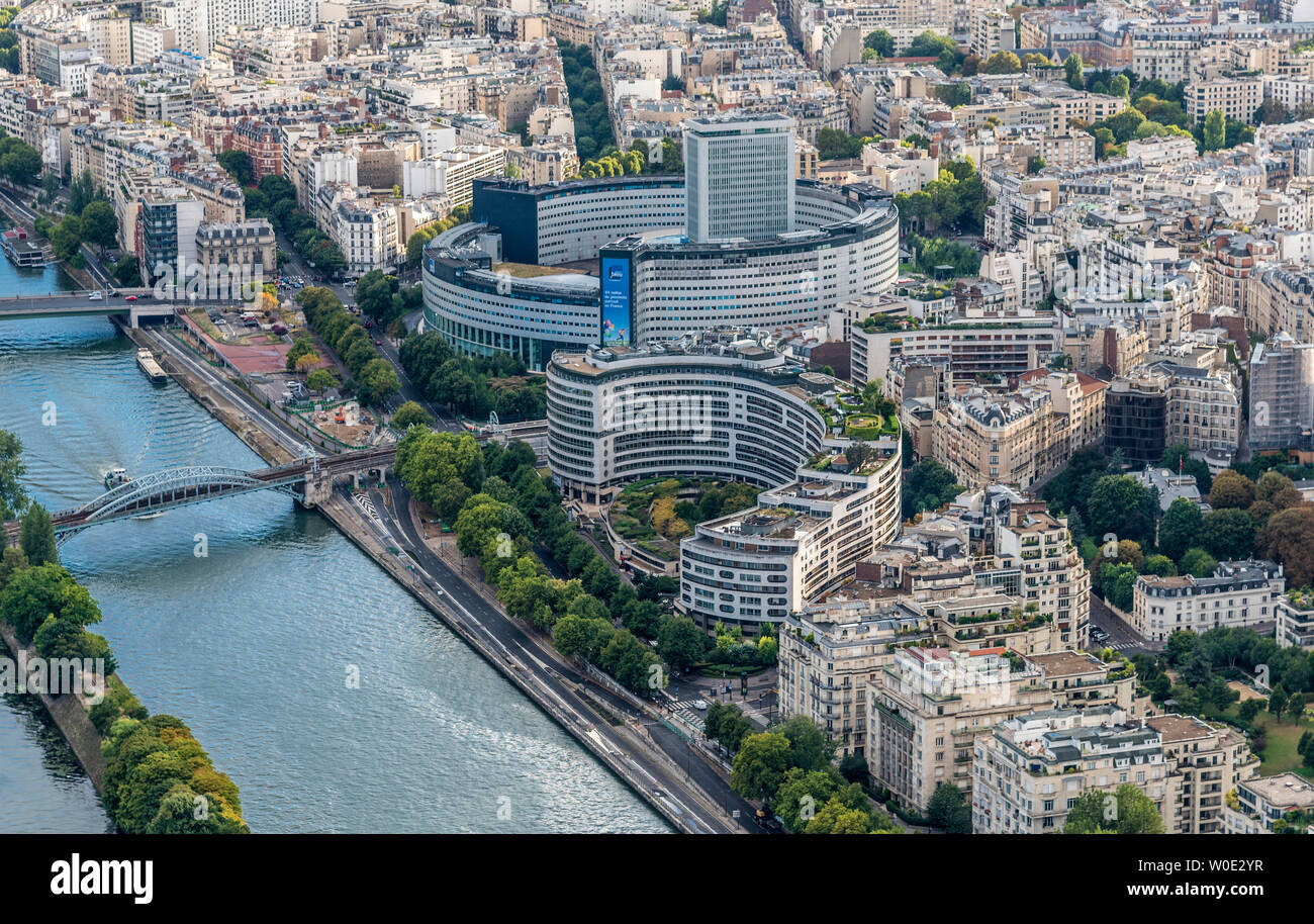 France, 16th arrondissement of Paris, view from the Eiffel Tower (Seine river, rail pont Rouelle, Maison de la Radio) Stock Photo