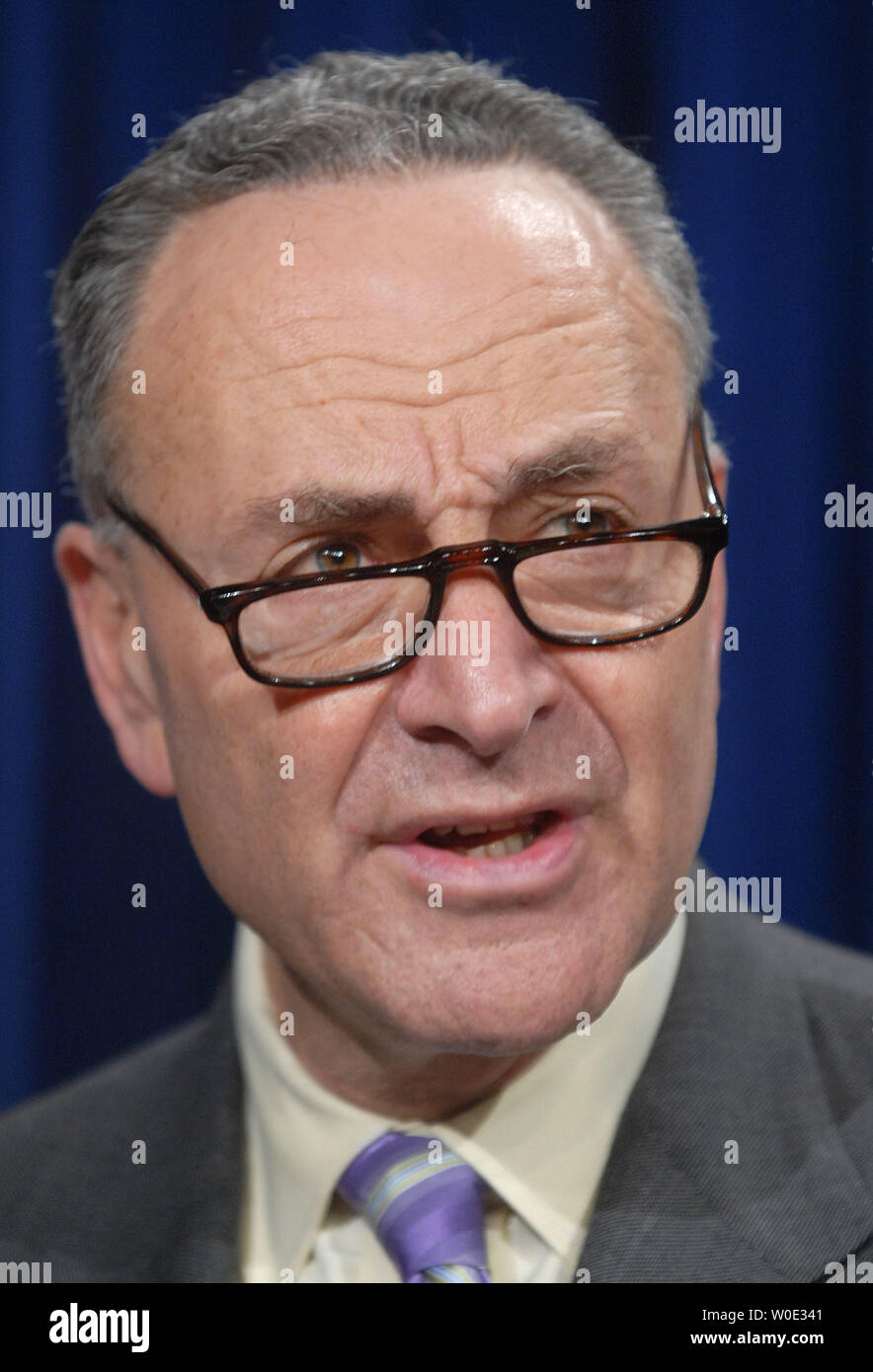 Sen. Charles Schumer (D-NY) speaks on President Bush's outlook on the economy at a press conference in Washington on December 17, 2007. Schumer says that Bush is not paying attention to the sub-prime mortgage crisis, rising energy costs and is minimizing the cost of the Iraq War. (UPI Photo/Kevin Dietsch) Stock Photo