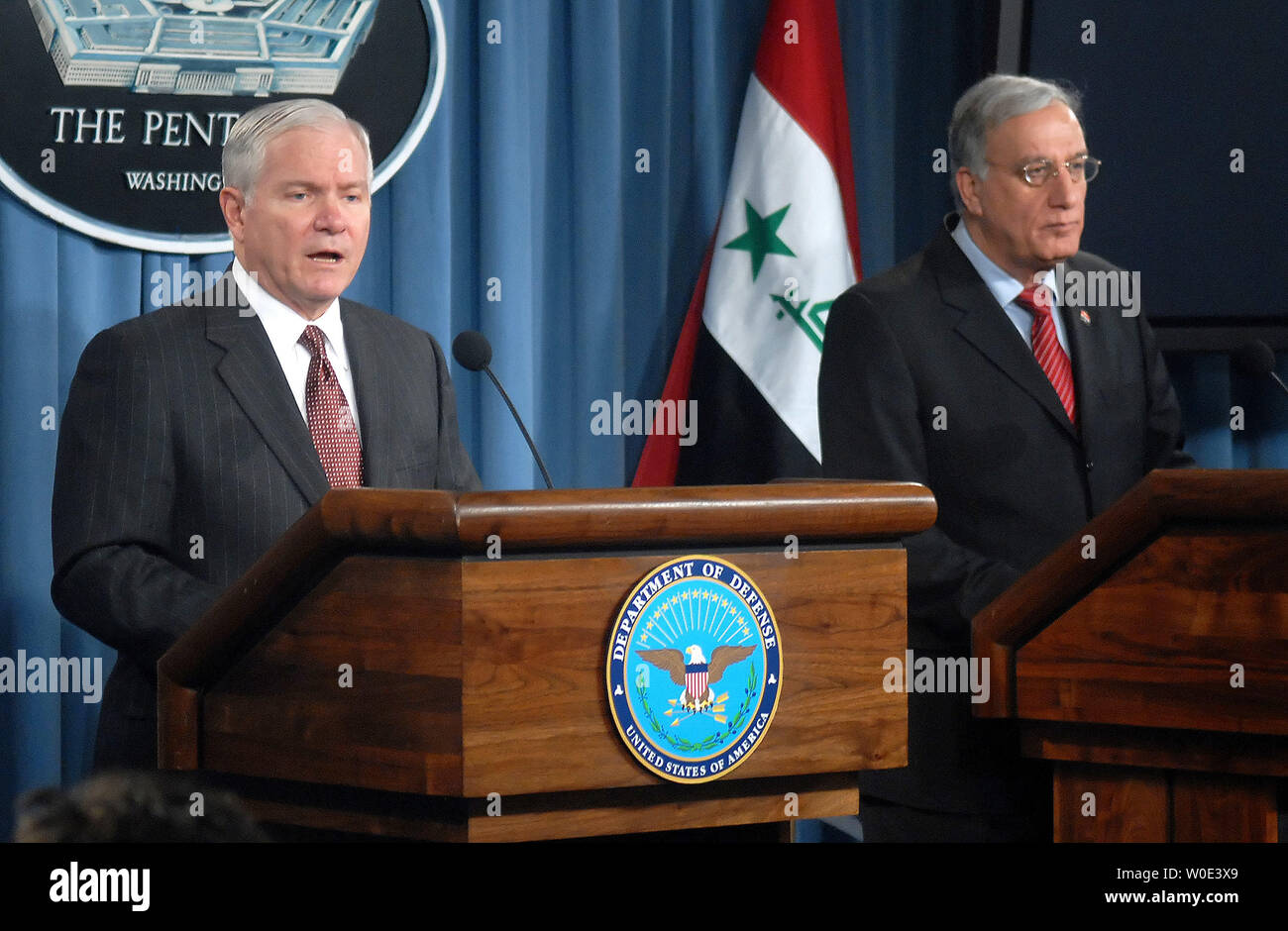 U.S. Secretary of Defense Robert Gates (L) and Iraqi Defense Minister Abd al-Qadir al-Mufrij hold a news conference at the Pentagon in Virginia on January 10, 2008. The two spoke about military strategy and security in Iraq. (UPI Photo/Kevin Dietsch) Stock Photo