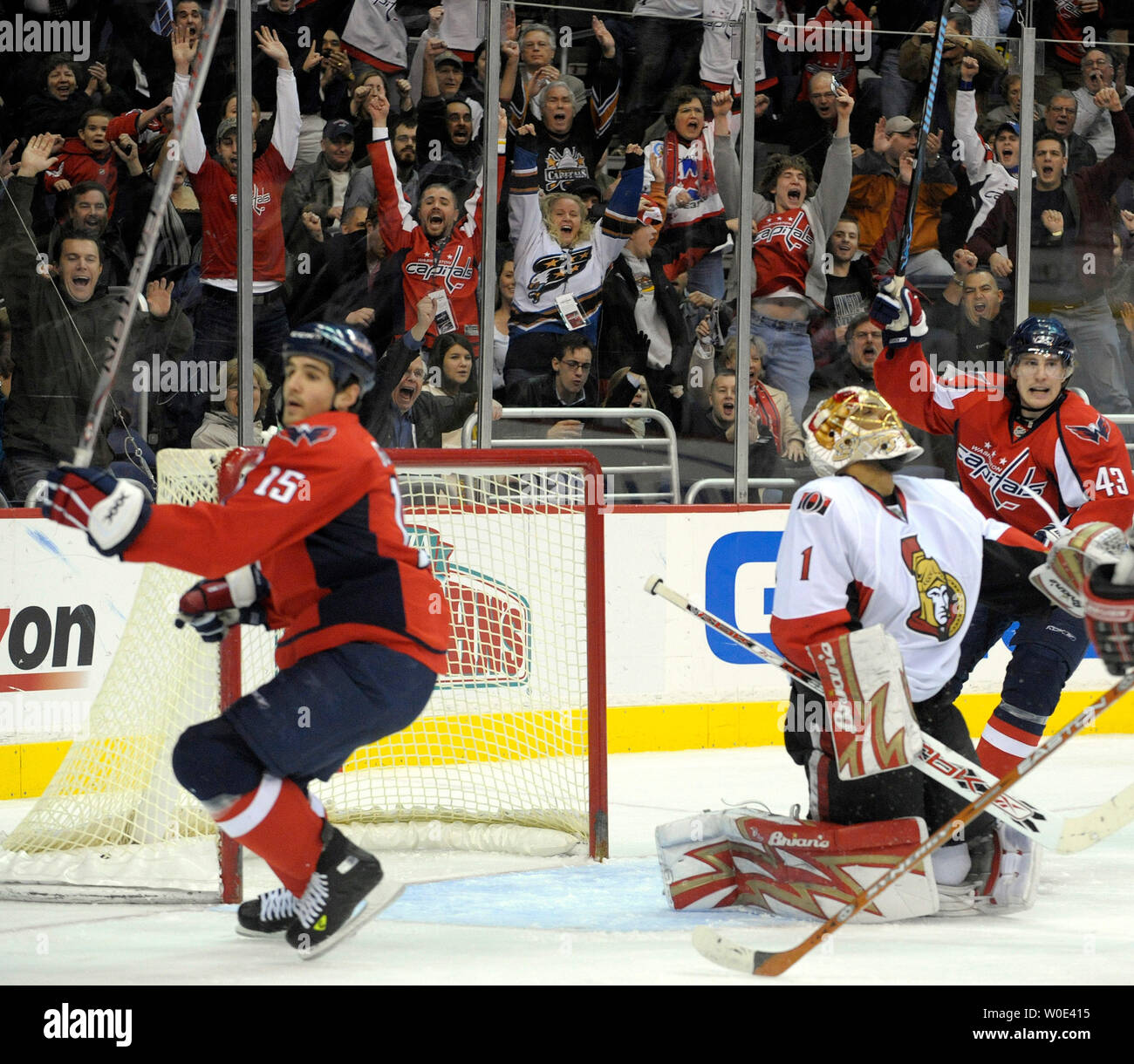 Washington Capitals fans cheer after a goal against Ottawa Senators goalie Roy Emery l in the third period at the Verizon Center in Washington on January 15, 2008. On ice for the Caps are Boyd Gordon (15) and Tomas Fleischmann (43) of the Czech Republic. The Caps won 4-2.  (UPI Photo/Roger L. Wollenberg) Stock Photo