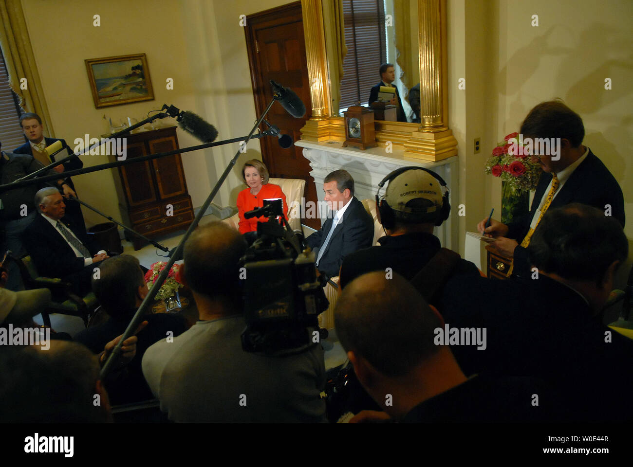 Speaker of the House Nancy Pelosi (D-CA) and House Minority Leader John Boehner (R-OH) speak to the media prior to a House leadership meeting in Washington on January 16, 2008. (UPI Photo/Kevin Dietsch) Stock Photo
