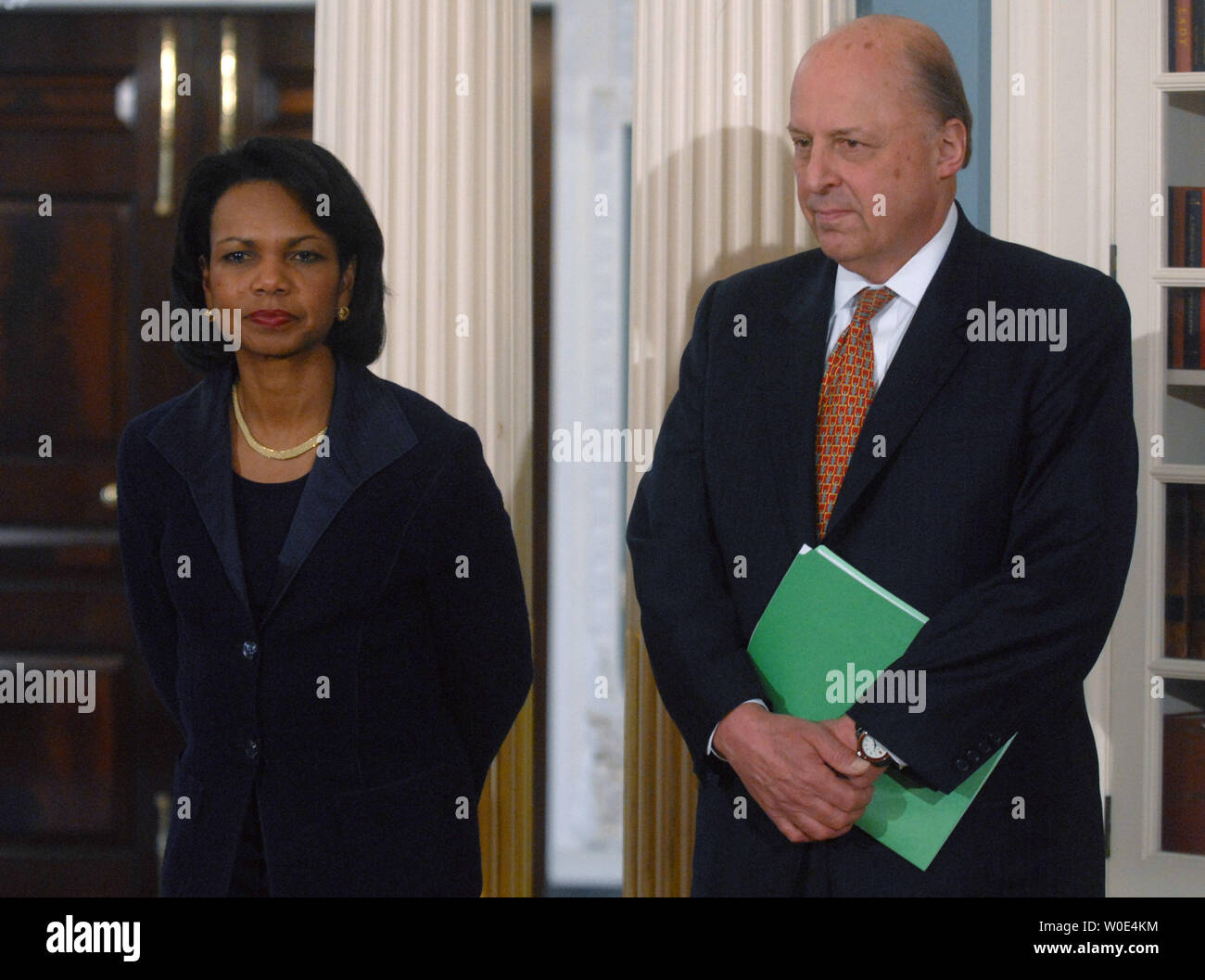 U.S. Secretary of State Condoleezza Rice (L) and Assistant Secretary of State John Negroponte attend a ceremony where there State Department received the Advisory Committee on Transformational Diplomacy's final report at the State Department in Washington on January 29, 2008. The advisory was formed to help transition the State Department's diplomatic practices into the 21st century.  (UPI Photo/Kevin Dietsch) Stock Photo