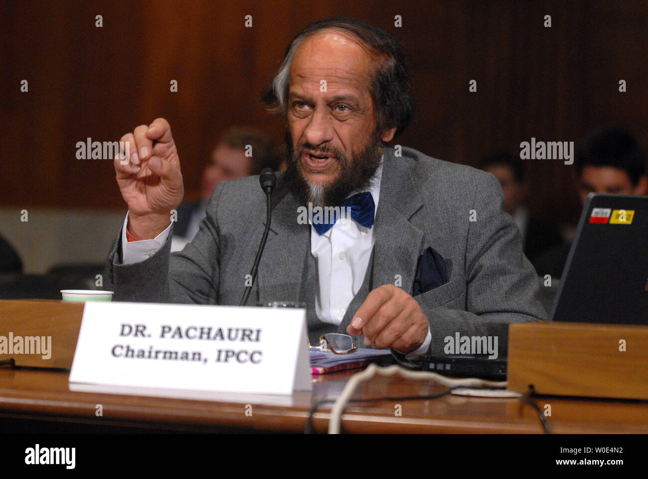 Rajenda Pachauri, chairman of the United Nation's Intergovernmental Panel on Climate Change, testifies before a Senate Environment and Public Works Committee hearing on global warming in Washington on January 30, 2008. (UPI Photo/Kevin Dietsch) Stock Photo