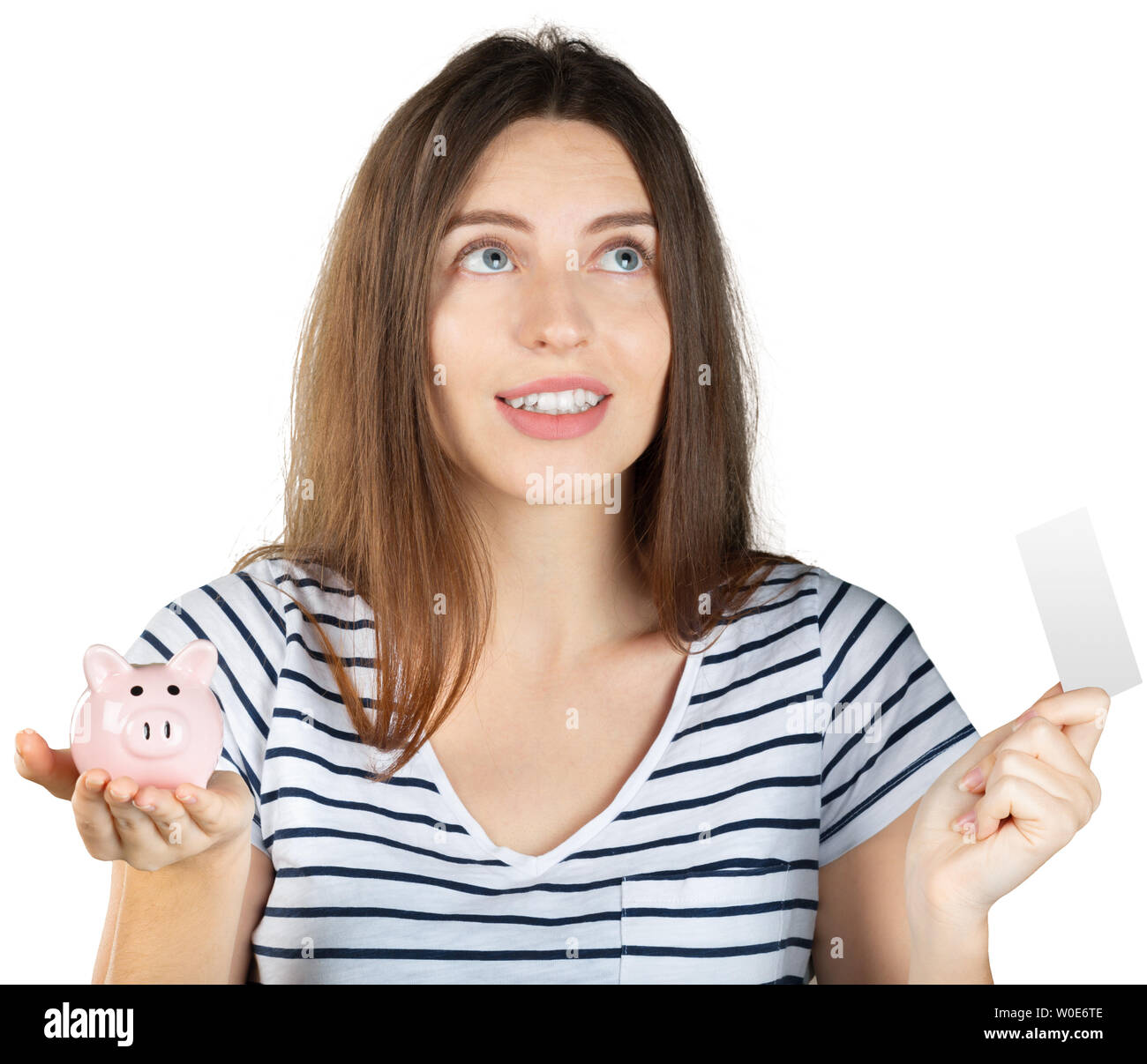 Woman with a piggy bank. Isolated over white background Stock Photo - Alamy