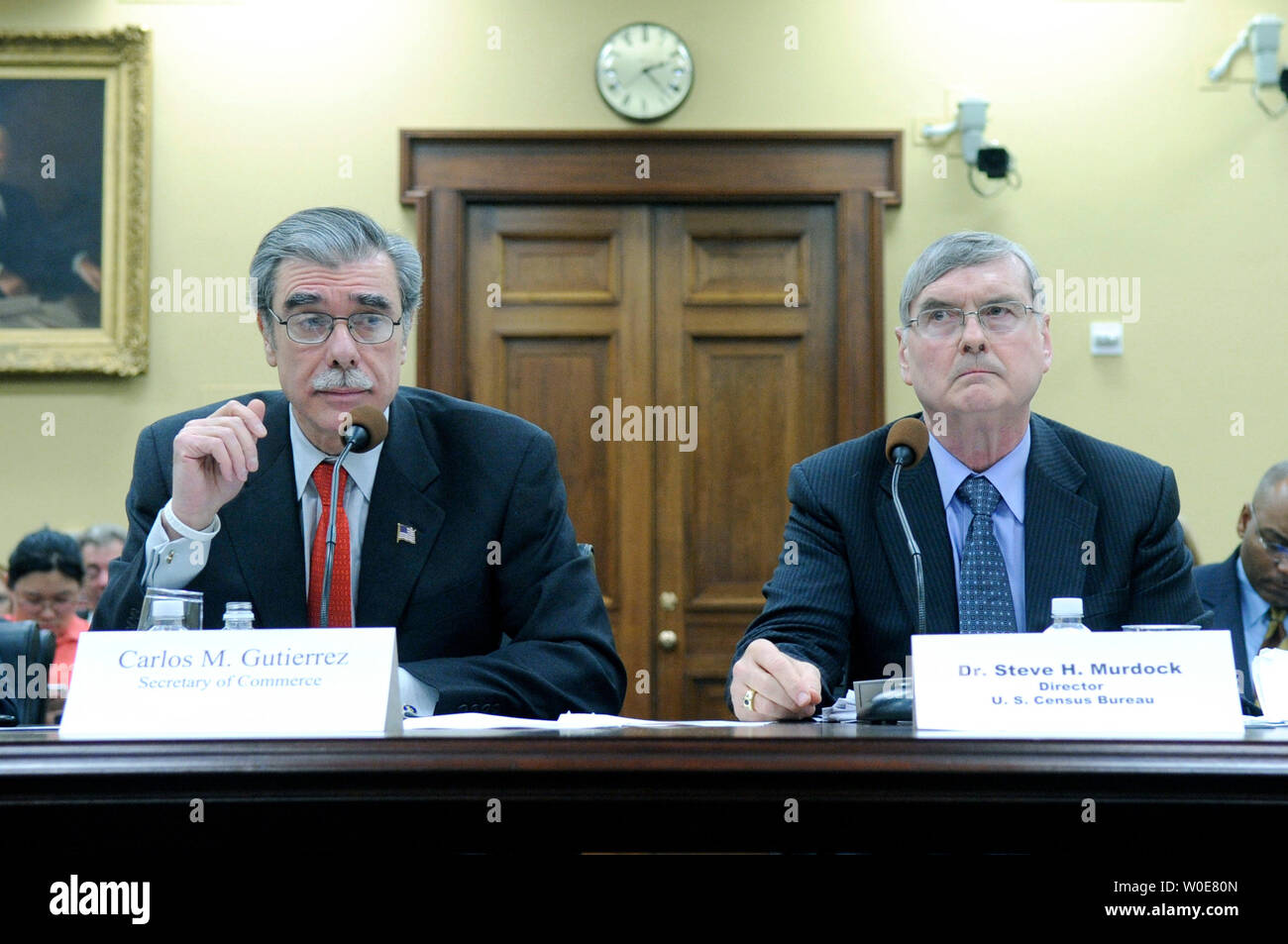 Commerce Secretary Carlos Gutierrez (L) and Census Director Steven Murdock testify before a House Appropriations Committee hearing on the census in Washington on April 3, 2008. The committee heard testimony on preparations for the upcoming 2010 census. (UPI Photo/Kevin Dietsch) Stock Photo
