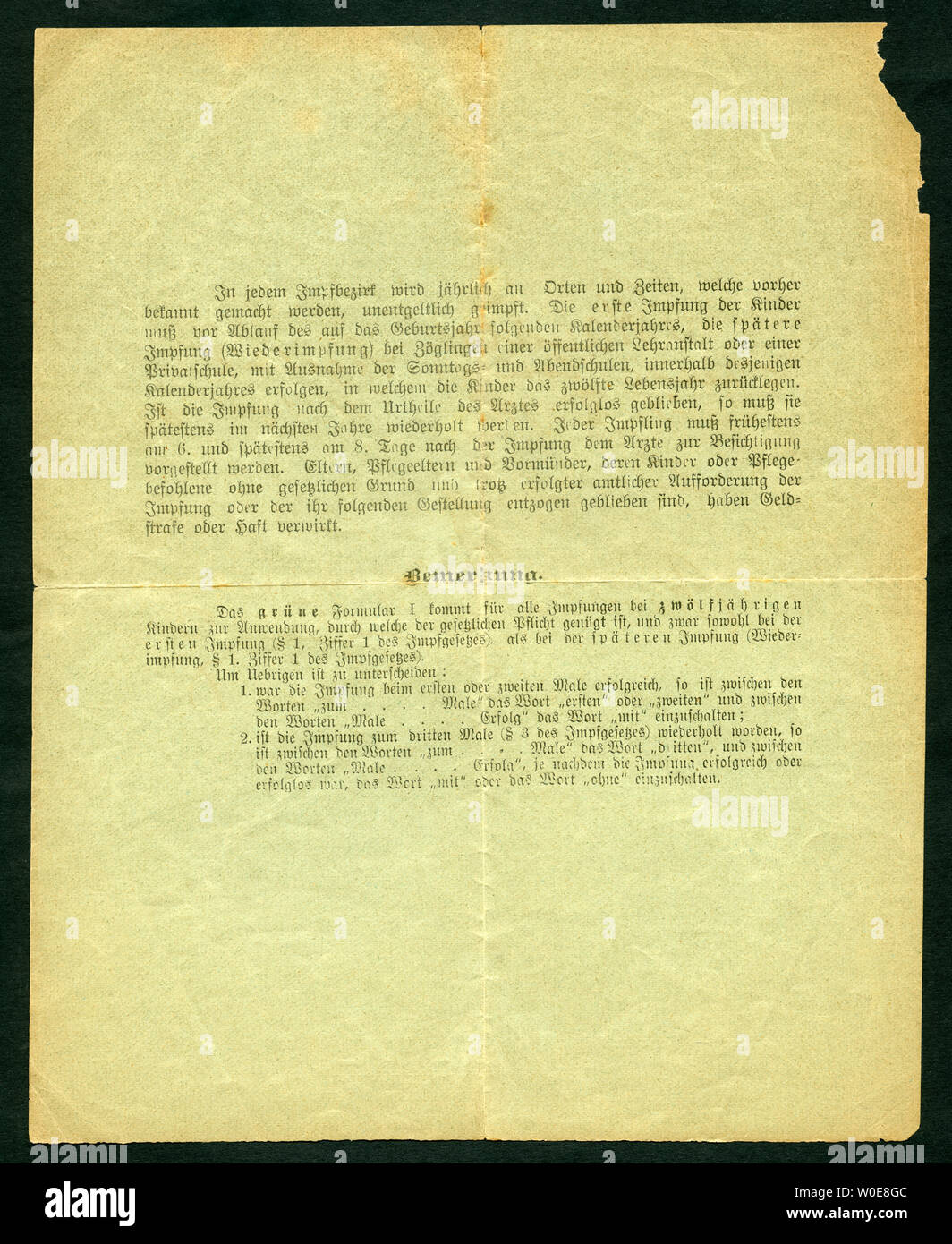 Europa, Deutschland, Hamburg, Wandsbek, grüner Impfschein ( Wiederimpfung ), Rückseite, ausgestellt am 18. 10. 1903, siehe auch Nr. 1006005 . / Eur Stock Photo