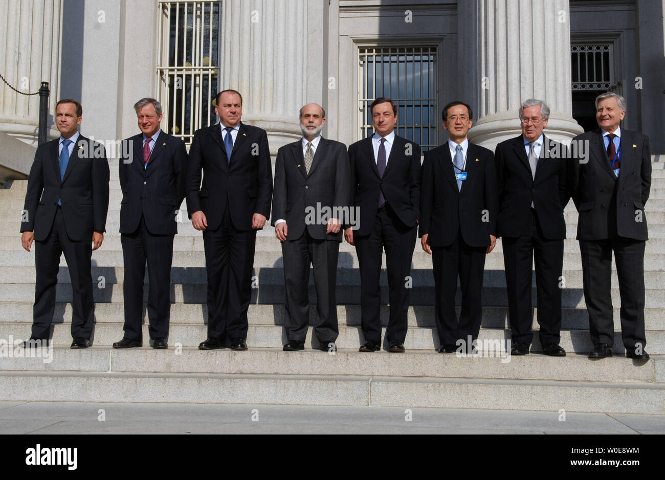 G-7 Summit Central Bank Governors stand for a photo outside the Treasury Department during the G-7 Summit in Washington on April 11, 2008. From left, Mark J. Careny, Canada, Christian Noyer, France, Axel A. Weber, Germany, Ben Bernanke, United States, Mario Draghi, Italy, Masaaki Shirakawa, Japan, Mervyn King, United Kingdom, and Jean-Claude Trichet, European Central Bank. (UPI Photo/Alexis C. Glenn) Stock Photo