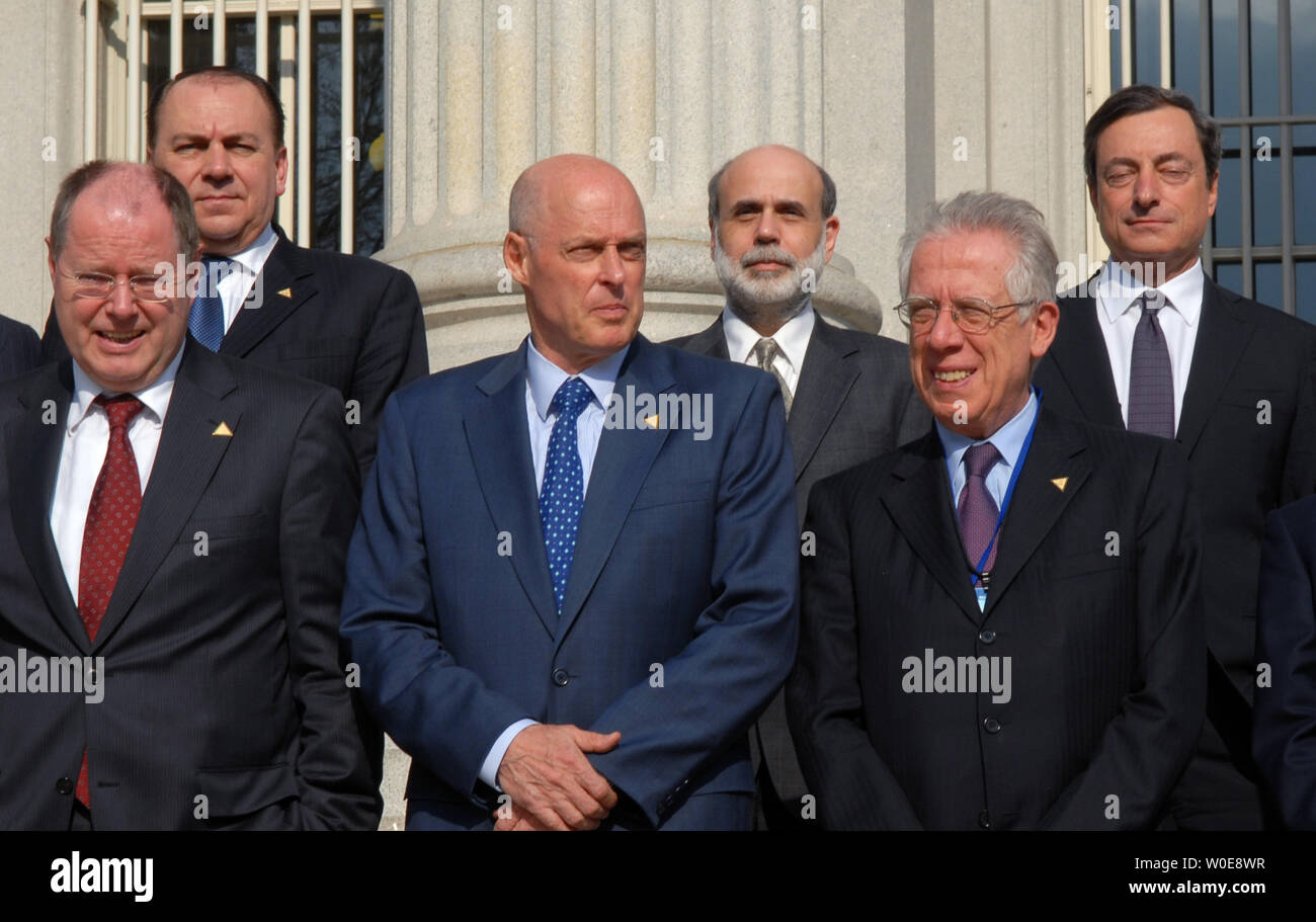 G-7 Summit Central Bank Governors and Finance Ministers stand for a photo outside the Treasury Department during the G-7 Summit in Washington on April 11, 2008. From left, Peer Steinbruck, Germany, Axel A. Weber, Germany, Henry Paulson, United States, Ben Bernanke, United States, Tommaso Padoa-Schioppa, Italy, and Mario Draghi, Italy. (UPI Photo/Alexis C. Glenn) Stock Photo