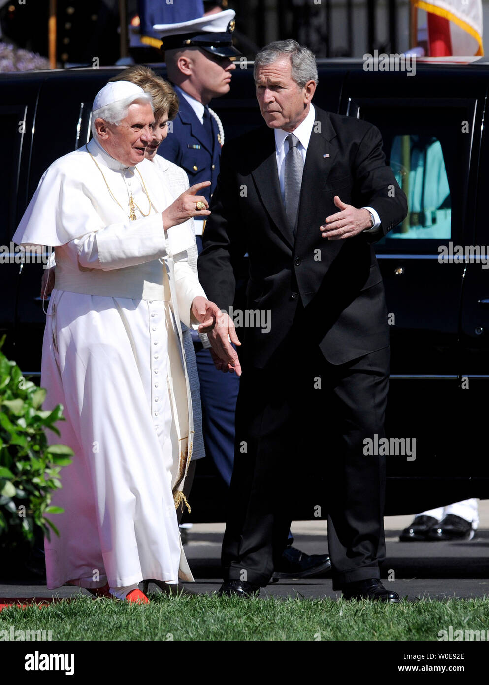 U.S. President George W. Bush welcomes Pope Benedict XVI to an official welcoming ceremony on the South Lawn of the White House in Washington on April 16, 2008. This is the Pope's first visit to the United States and only the second visit in history by a Pope to the White House. (UPI Photo/Kevin Dietsch) Stock Photo