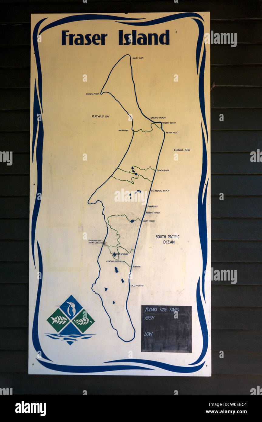 A large wall map of Fraser Island, Queensland, Australia  Fraser Island is a World Heritage site and is the world's biggest sand island. Stock Photo