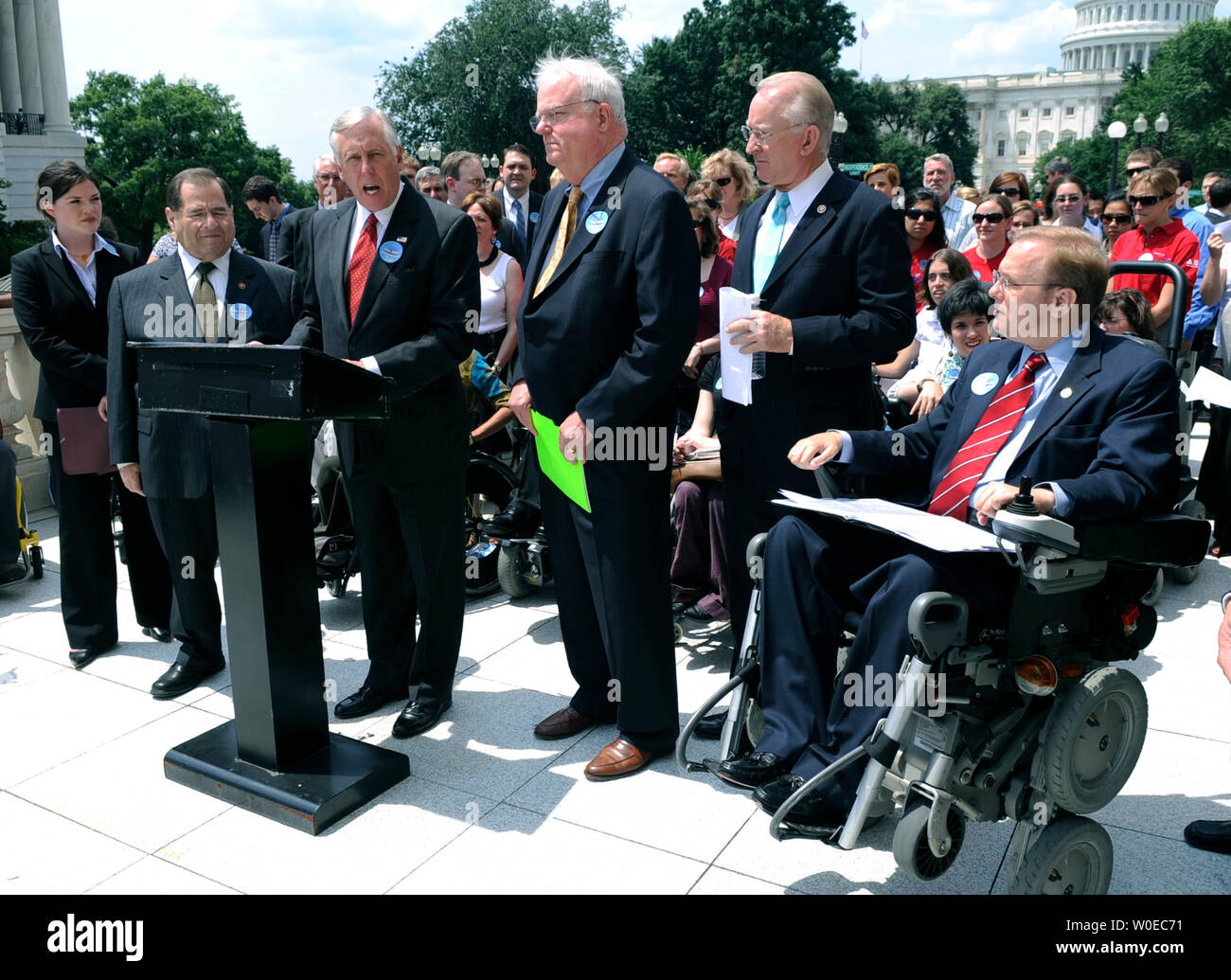 House Majority Leader Steny Hoyer (D-MD) (3rd-L), joined by Rep. Jim Langevin (D-RI) (R), Rep. Howard McKeon (R-CA) (2nd-R), Rep. James Sensenbrenner (R-WI) (C), Rep. Jerrold Nadler (D-NY) (2nd-L), Elizabeth Goldberg, chair of the Epilepsy Foundation Youth Council, (L) and members of the disabled community, speaks at a press conference on the upcoming House vote on the Americans with Disabilities Act Amendments Act in Washington on June 25, 2008. (UPI Photo/Kevin Dietsch) Stock Photo