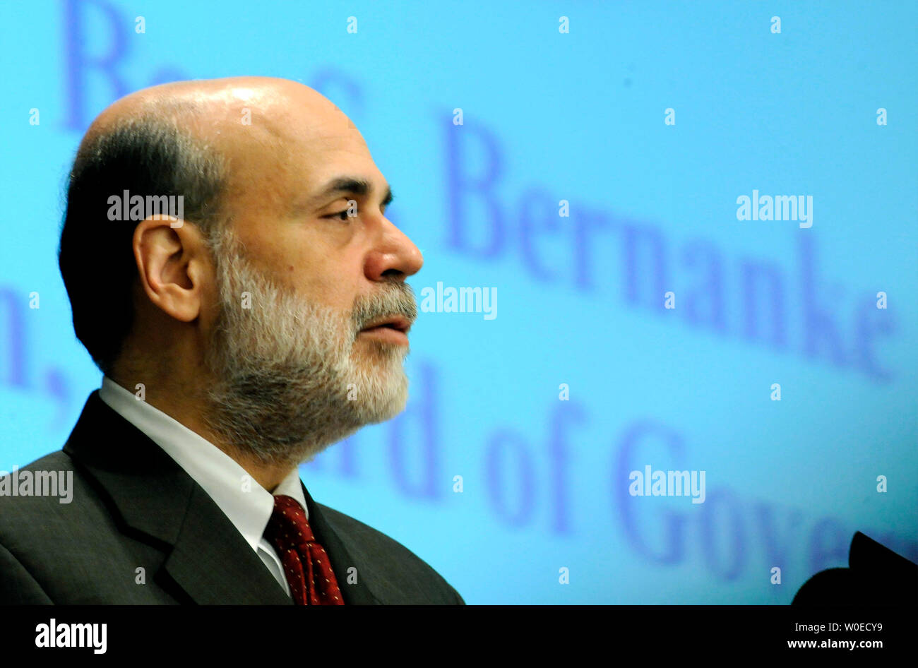 Federal Reserve Board Chairman Ben Bernanke delivers remarks on financial regulations and stability during the Federal Deposit Insurance Corporation's (FDIC) forum on mortgage lending for low and moderate income households at the FDIC in Arlington, Virginia on July 8, 2008. (UPI Photo/Kevin Dietsch) Stock Photo
