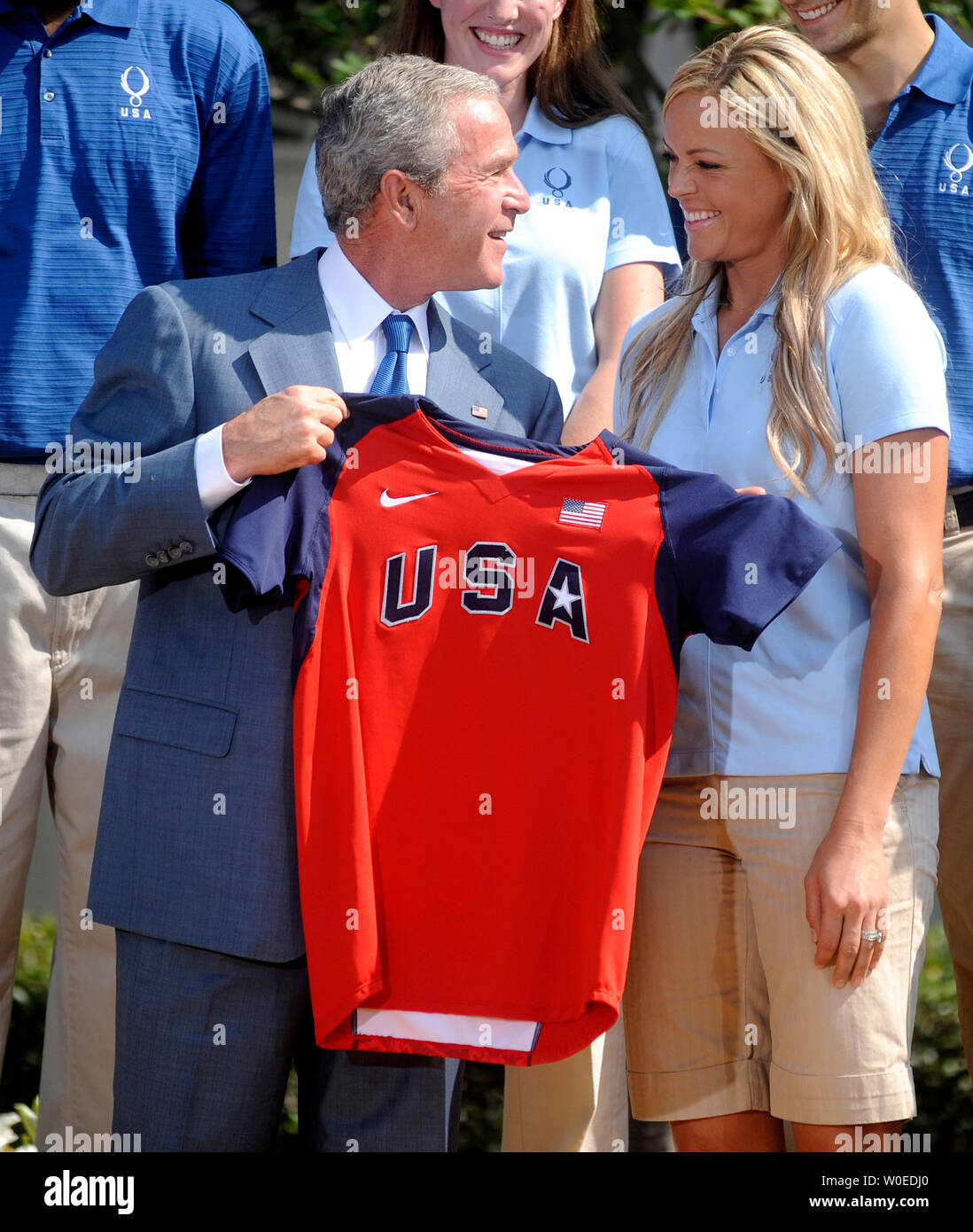 U.S. President George W. Bush receives a U.S. Olympic team softball ...